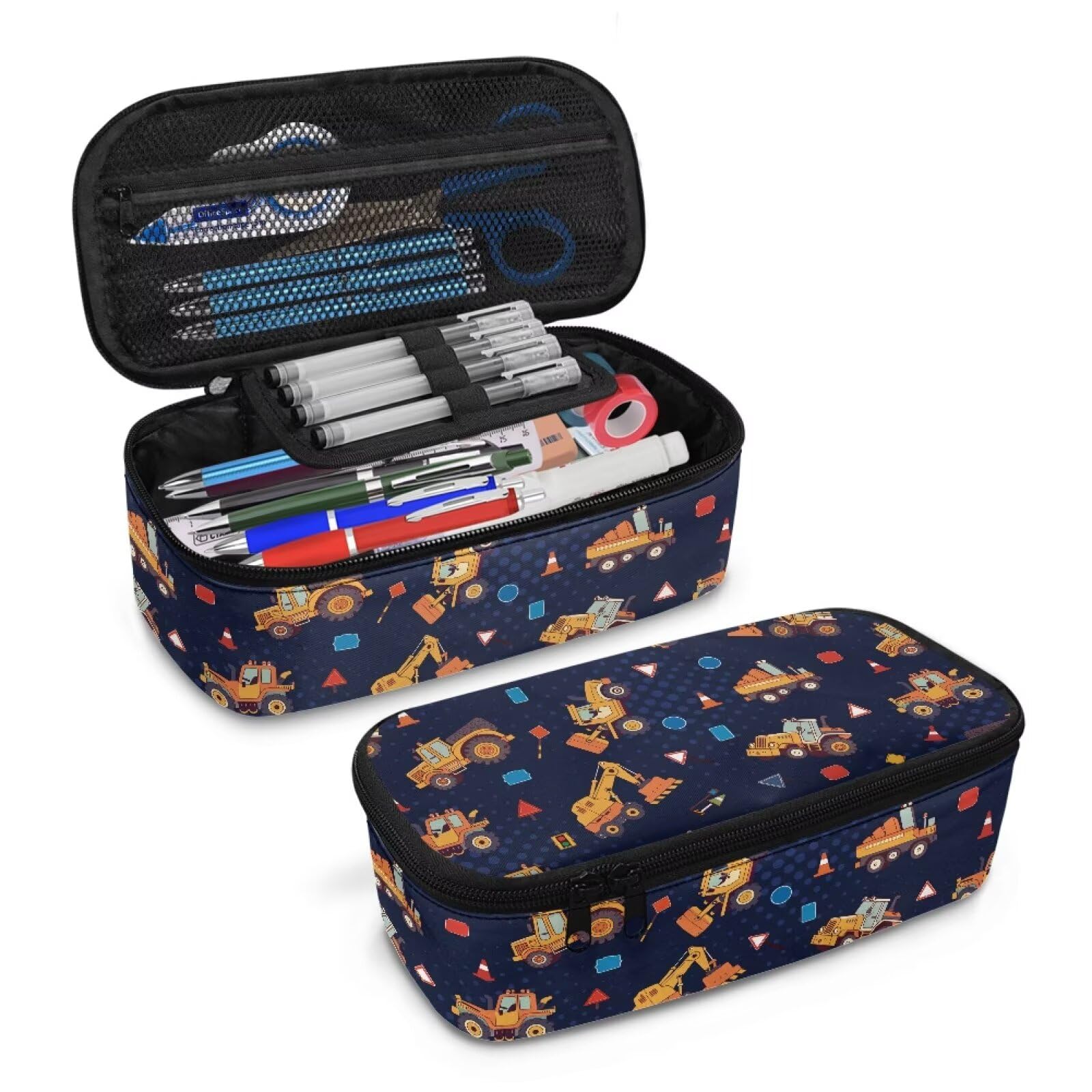 Boys Pencil Pouch Construction Vehicle Print Pencil Case for Kids 6-8 Years Portable Pen Bag with Smooth Zipper for Elementary Students