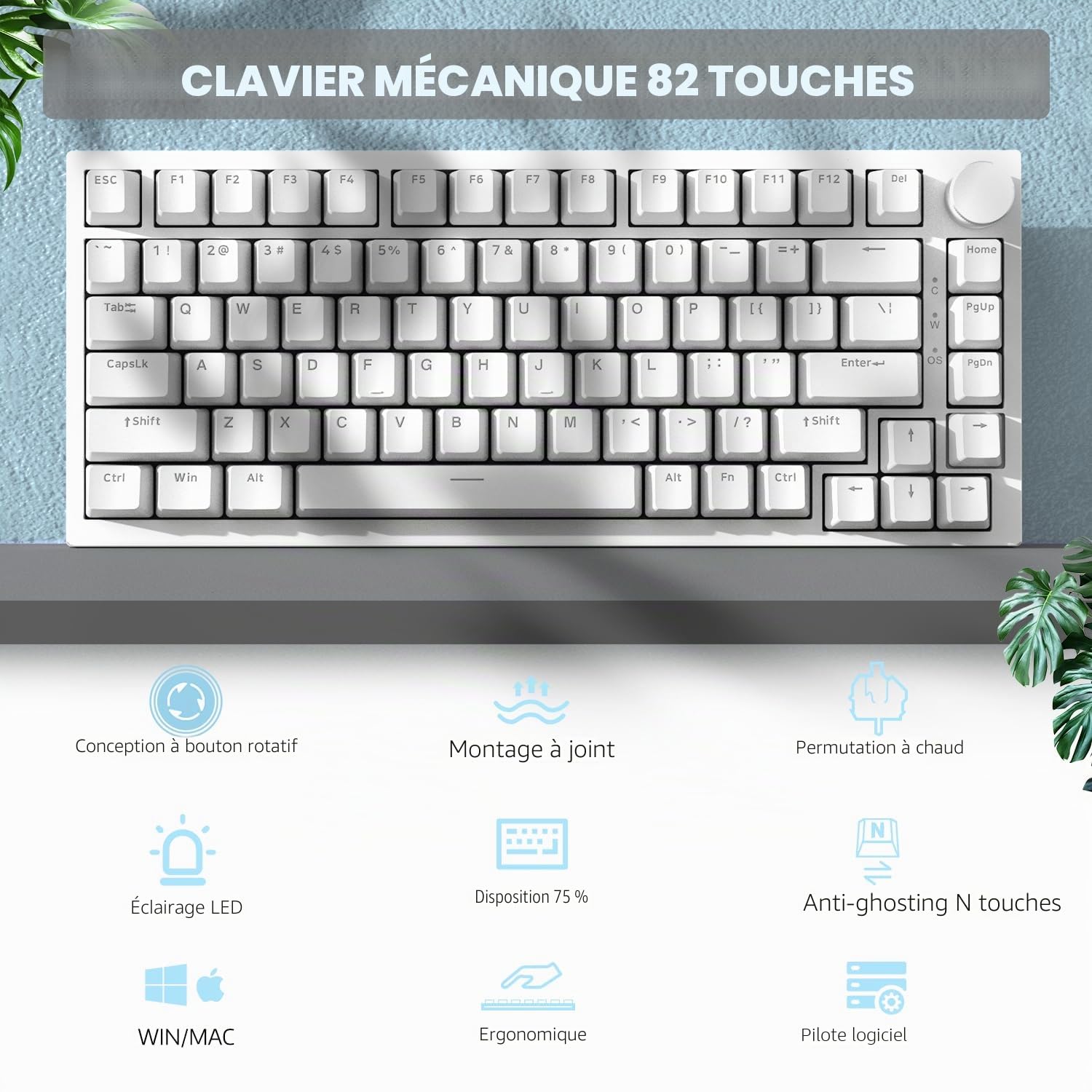 ATTACK SHARK Ajazz AK820 Clavier mécanique avec bouton de commande CNC, 75 % de montage sur joint et clavier de jeu filaire USB détachable pour Windows/Mac, lumière bleue, NKRO, interrupteur à clic
