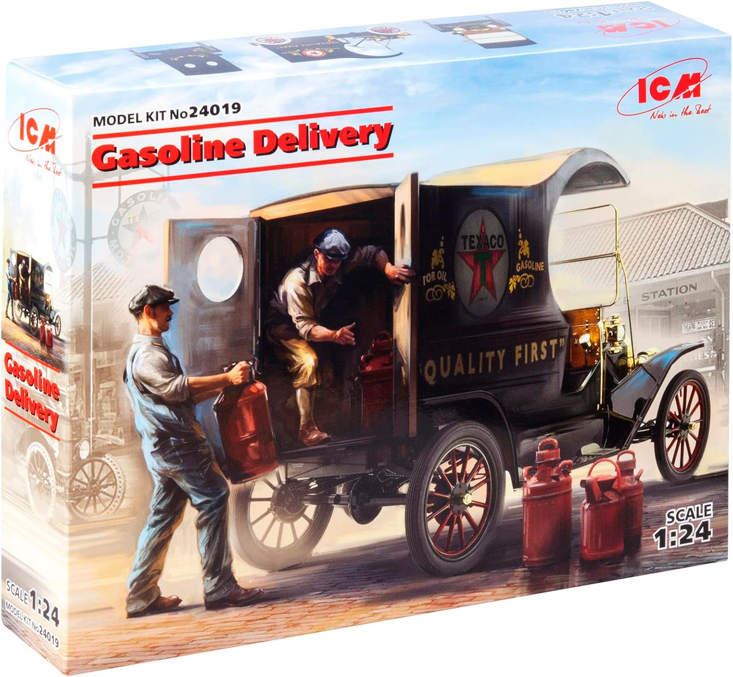 ICM 24019 - Plastic Vehicle Model Gasoline Delivery, Model T 1912 Delivery Car with American Gasoline Loaders - Scale 1:24