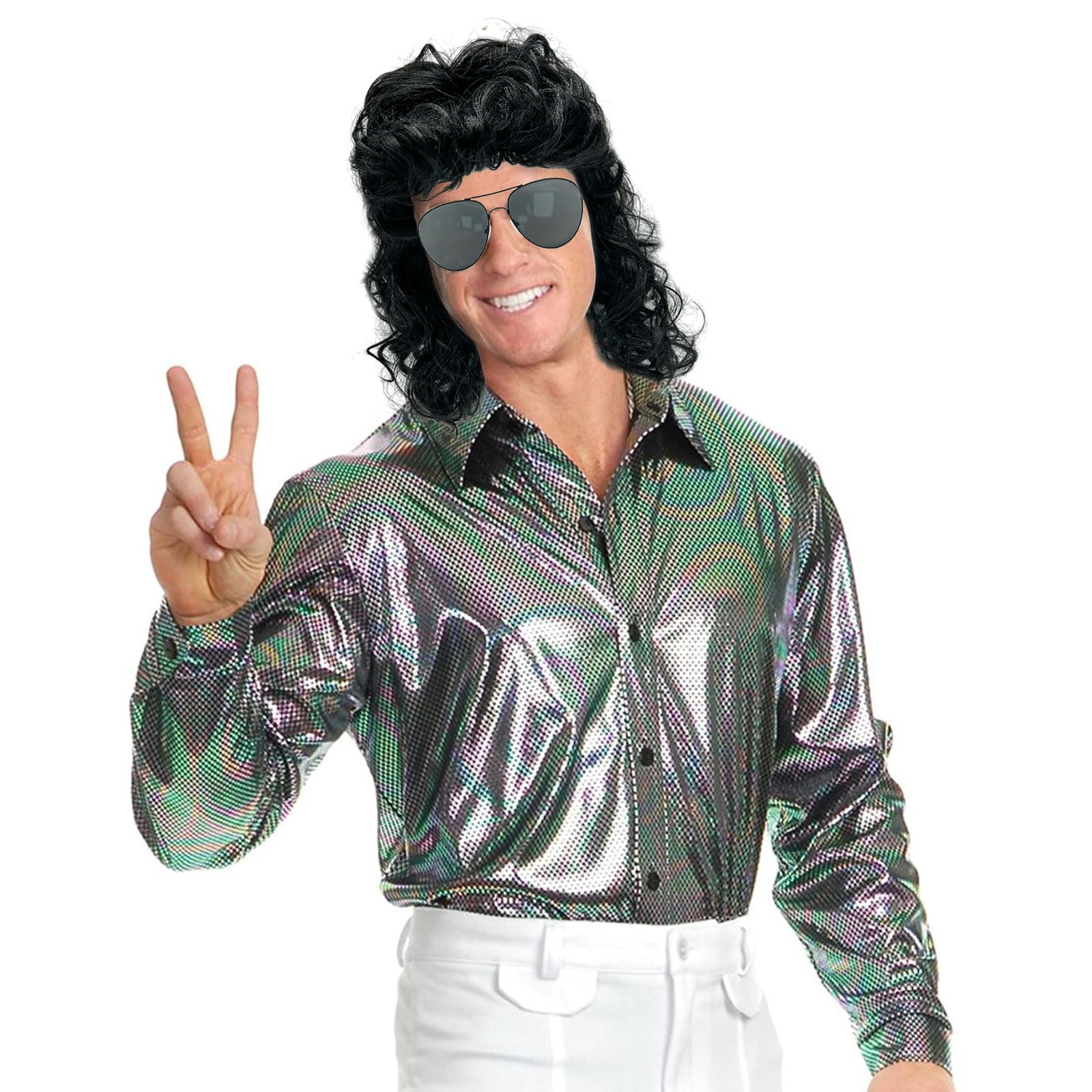 XNIVUIS Mens Wig - 80s Long Curly Mullet Wig, Black Rocker Punk, Halloween Cosplay Party (2 Pcs) - Image 3