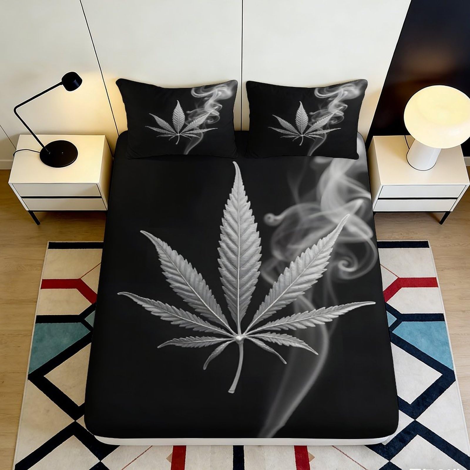 Uxinyoume Style-2 3D Printed Smoke Leaf Fitted Sheet Microfiber Soft Black Cannabis Bed Cover For Bedroom Guest Room Decor 90X200x25cm