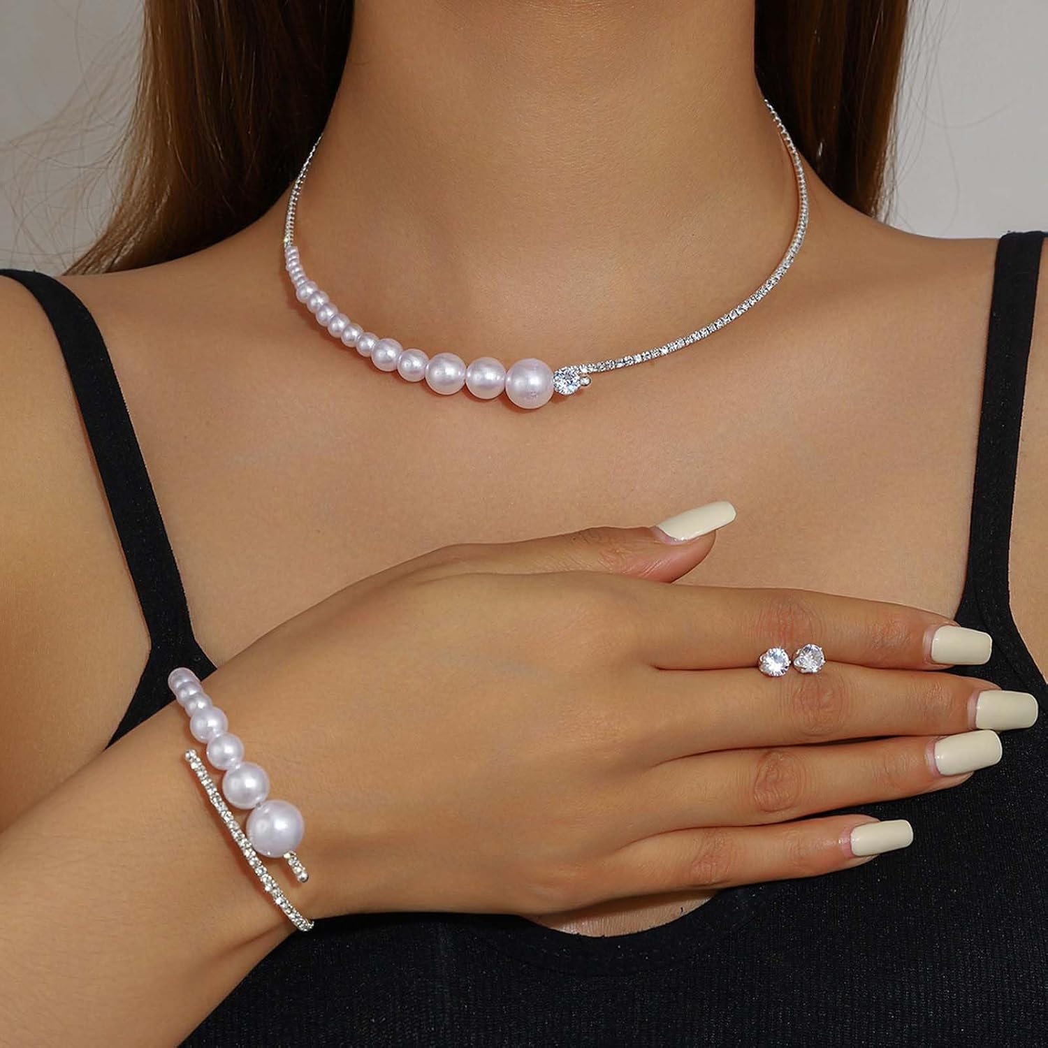 Long tiantian Pearl Jewelry Set Pearl Necklace and Earring Set Pearls Bracelet for Women Valentines Day Gift for Her - Image 2