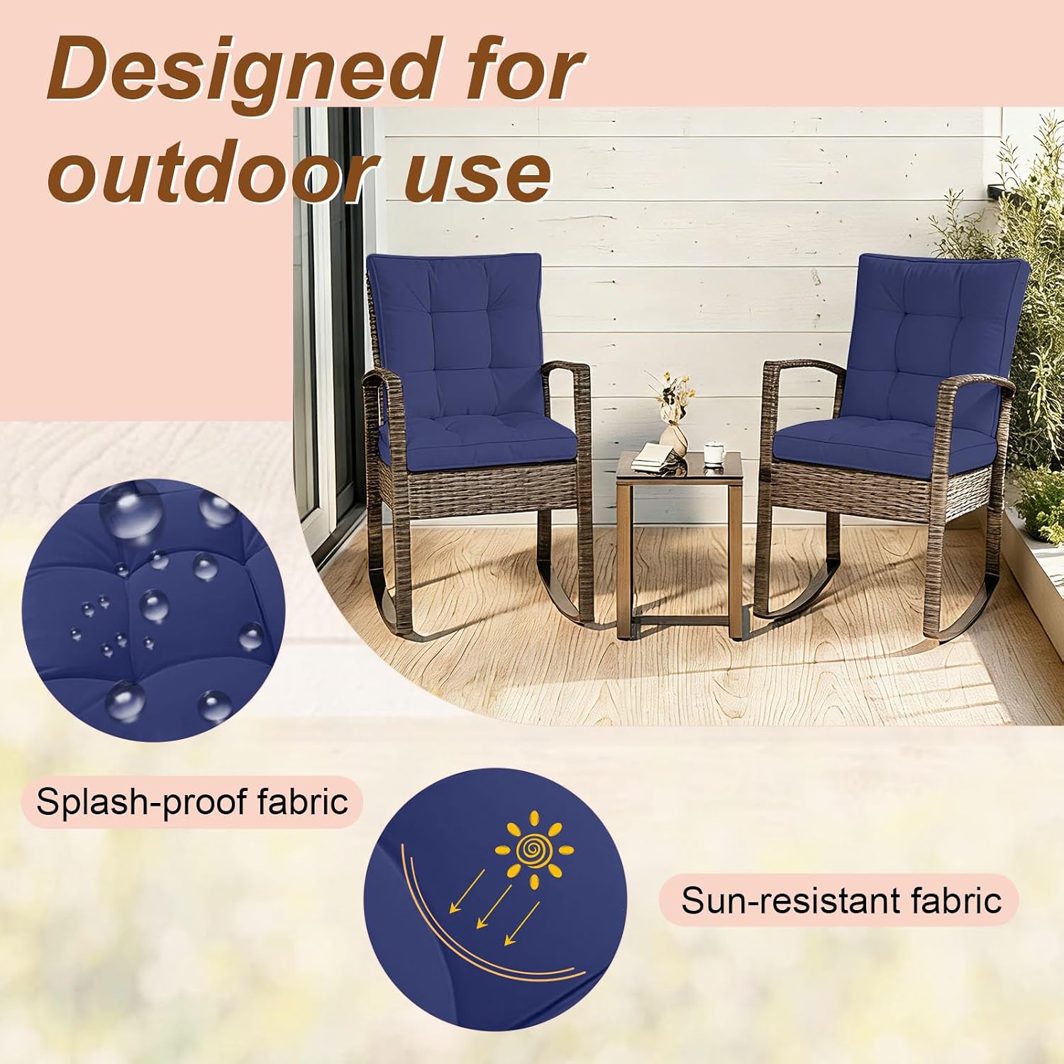 2 Piece Outdoor Patio Chair Cushions, Fade Resistant Outdoor Cushions for Patio Furniture, 6 inch Thickened Rocking Chair Cushions Set (Blue, 24x24x6 inch - 2 Pieces)