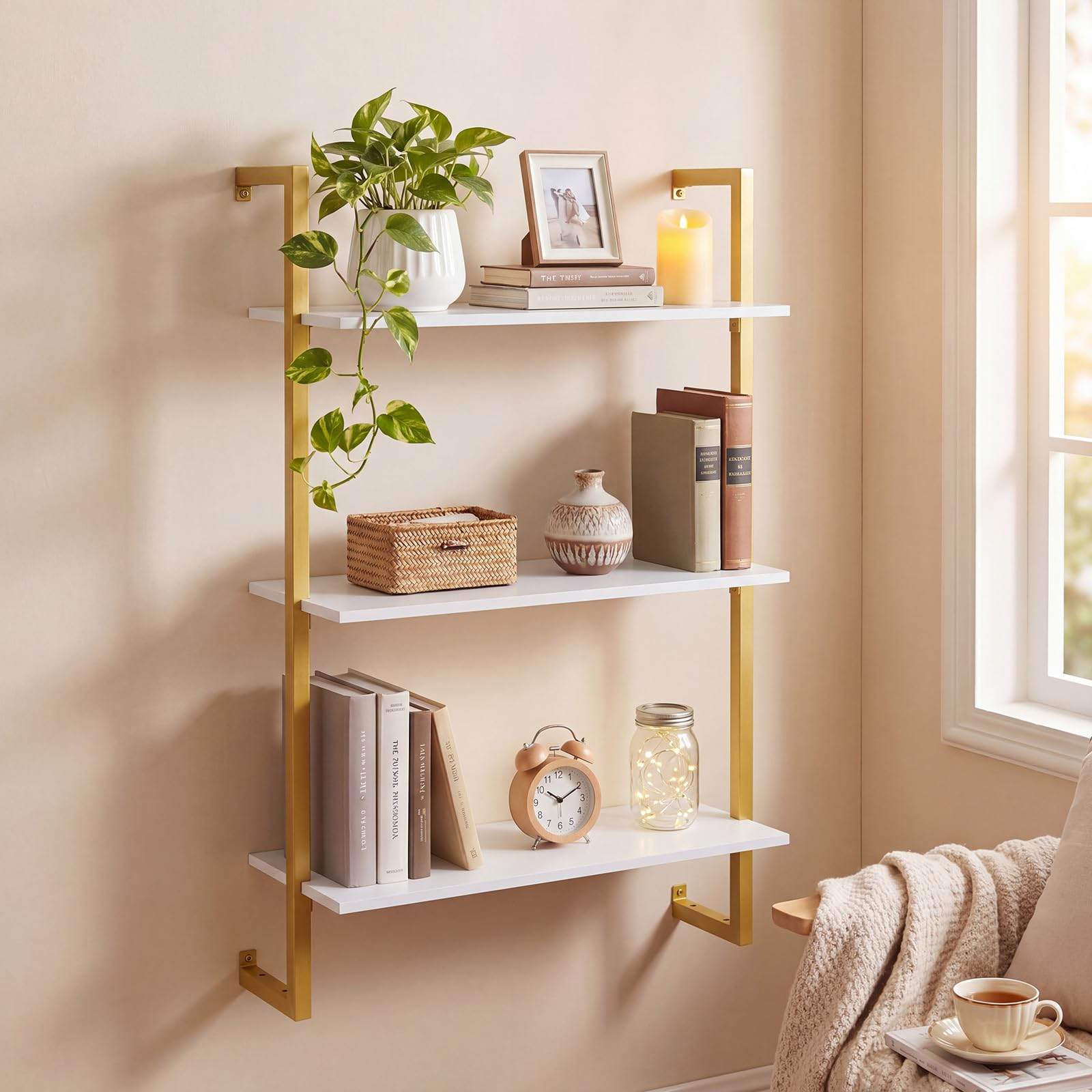 KOMFOTTEU Estantería de Pared de 3 Niveles, Estante de Almacenamiento Suspendido con Estructura Metálica, Mueble Organizador para Oficina, Cocina, Salón, 53 x 23 x 90 cm (Dorado y Blanco)
