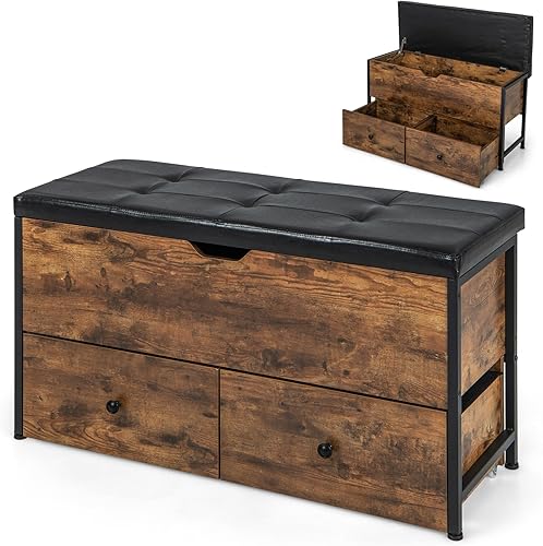 Giantex Banco de almacenamiento con baúl de almacenamiento abatible, 2 cajones rodantes, otomana de madera con asiento acolchado, 8 ruedas, bisagra