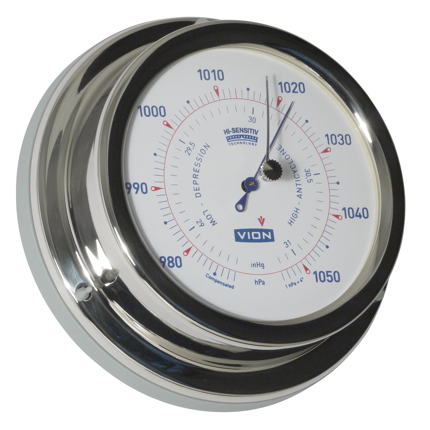 DELITE Barometer Vion HI-SENSITIV, Edelstahl poliert, weisses Zifferblatt, Durchmesser 129 mm, Tiefe 40 mm, 3 Jahre Garantie, hergestellt in Dänemark