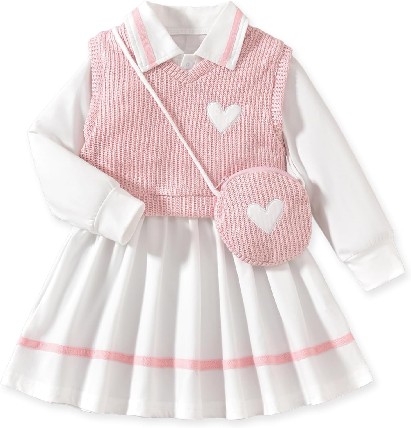 Toddler Girl Long Sleeve Button Down Collared Shirt Dress Sleeveless Vest Sweatshirt with Cute Bag 3 Pieces Outfits