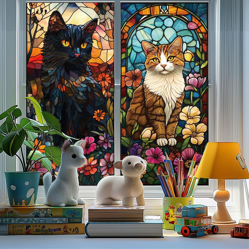ANATTASOUL Adesivi Statici per Finestre Grandi Gatto Nero e Gatto Arancione Adesivi Riutilizzabili per Finestre in Vetro, 120 cm x 30 cm Adesivi per Finestre Rimovibili Bifacciali per Decorazione di