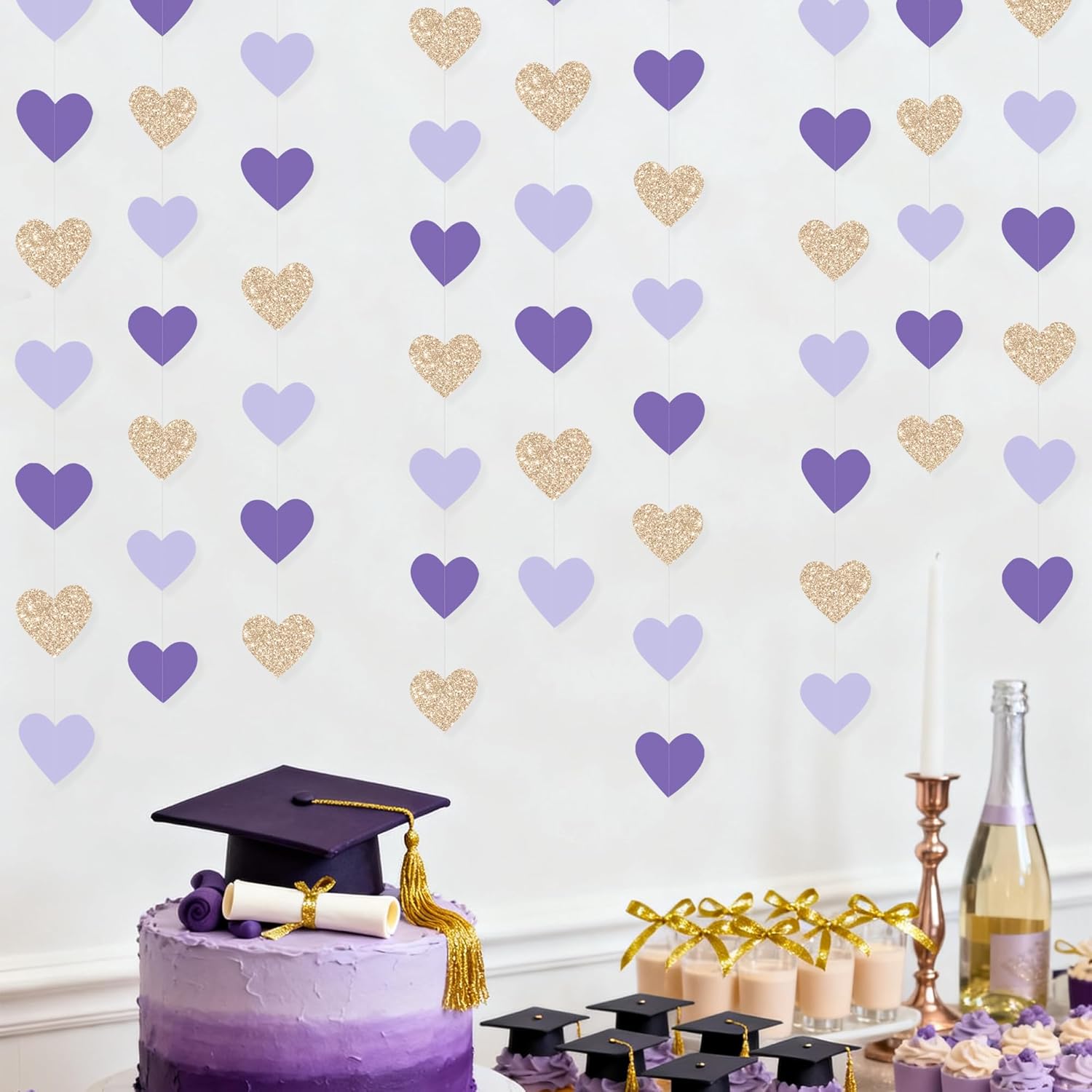 Champagne Gold Purple Heart Party Decorations Glitter Paper Love Heart Hanging Garland Banner Streamer for Valentines Day Birthday Baby Shower Wedding Anniversary Lilac Violet Lavender Themed Party - Image 8