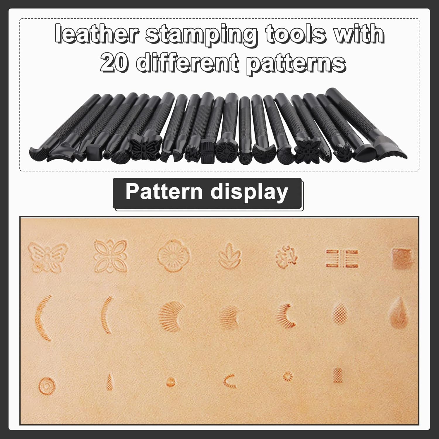 Wonvoc 21 Pcs Leather Stamping Tools, Leather Stamping Kit with 20 Patterns, Leather Carving Kit, Leather Stamping Tools Geometric, Leathercraft Stamping Tools and Mallet for DIY Leather Crafts - Image 2