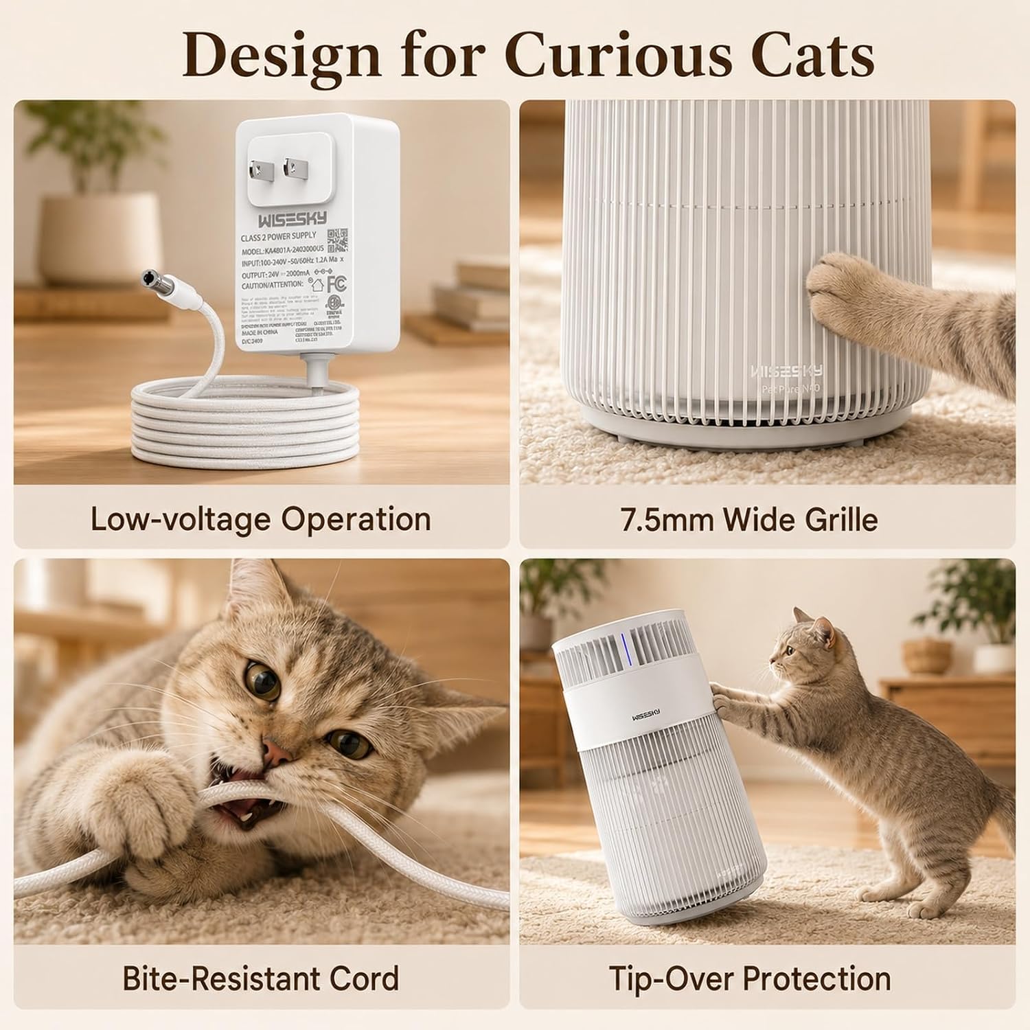 WISESKY Cat Air Purifier for Large Rooms, 5-Stage HEPA Air Cleaner for Cat Hair, Dander & Odors, 360° Air Intake, Quiet Operation, Bite-Resistant Cord & Tip-Over Protection, Smart App Control