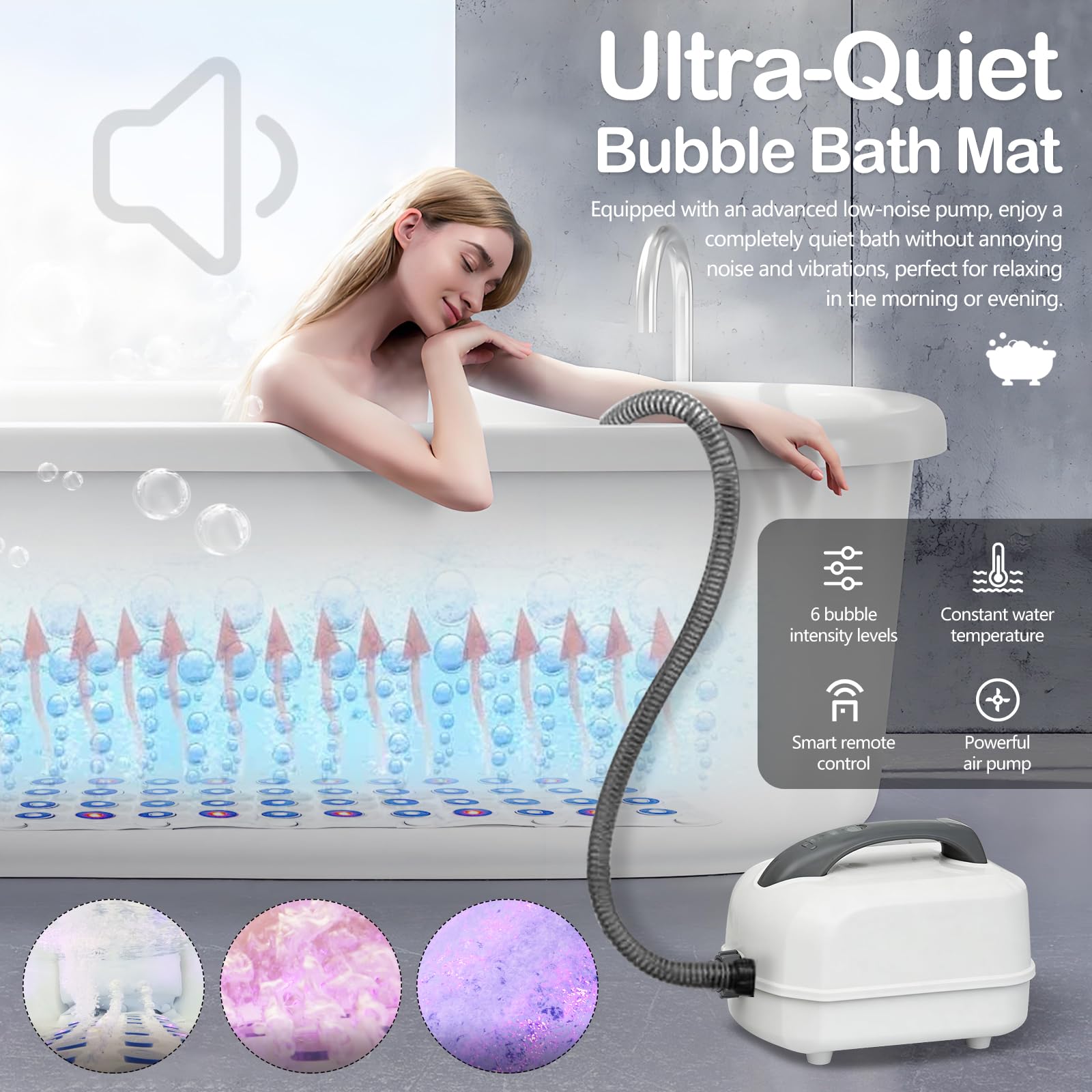 Tapis de Bain à Bulles, Tapis SPA pour Baignoire Tapis de Massage à Bulles d'Air avec éclairage LED Multicolore 6 Niveaux d'Intensité 93 Jets et Oreiller Accessoire de Bain SPA