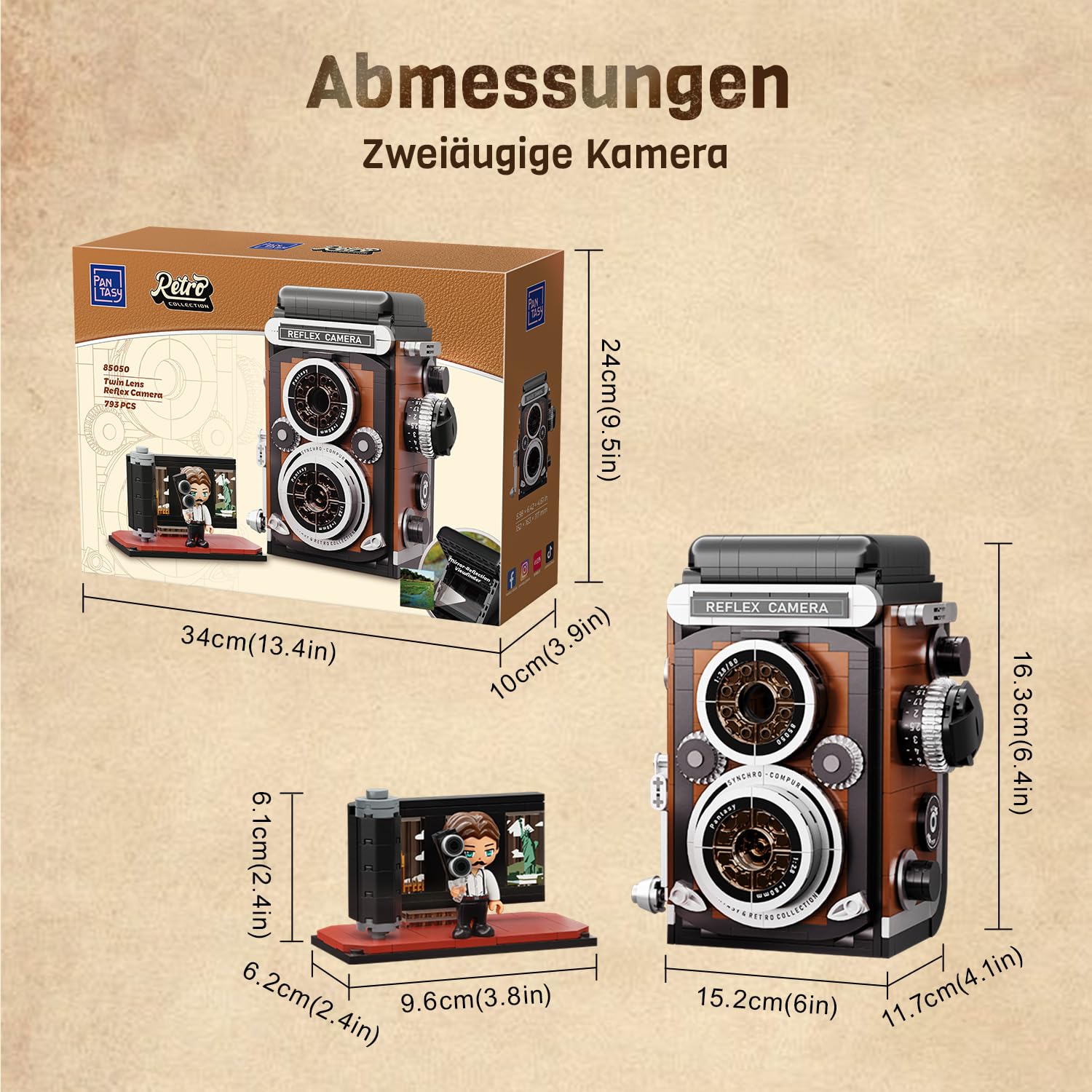 PANTASY Retro Kamera Klemmbausteine Set für Erwachsene | Klassische Doppelobjektivkamera mit interaktiven Funktionen, Vintage-Fotoapparat als dekoratives Sammlermodell