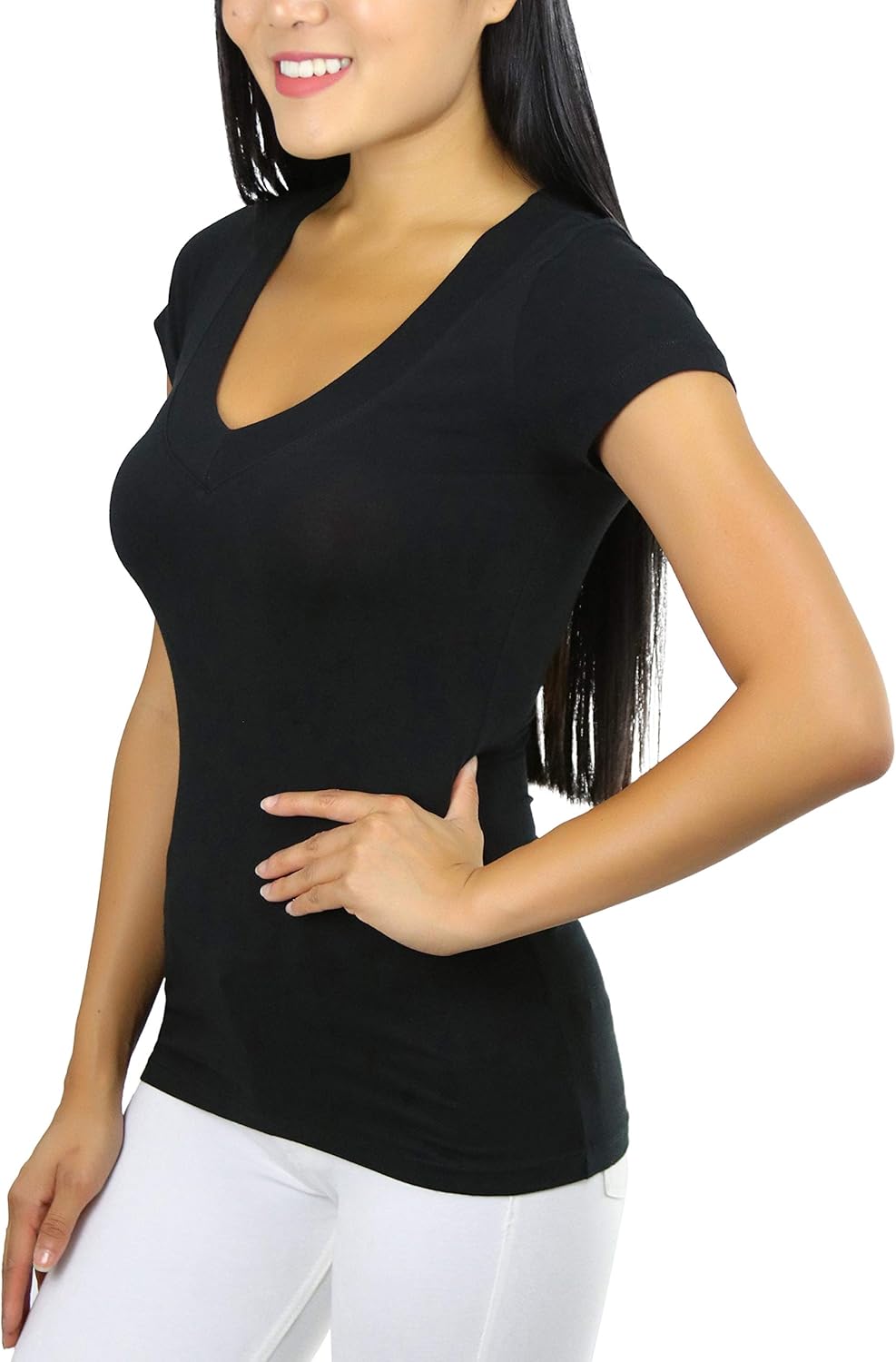 ToBeInStyle Women's Basic Short Sleeve Wide Band V-Neck Tee - Image 3