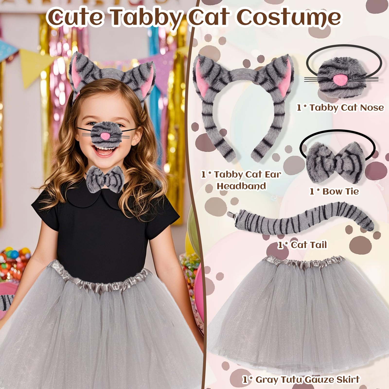 Xerteam 5 Pcs Tabby Cat Costume Accessories for Girls Grey Cat Costume with Headband Nose Bow Tie Tutu Skirt Tail - Image 4
