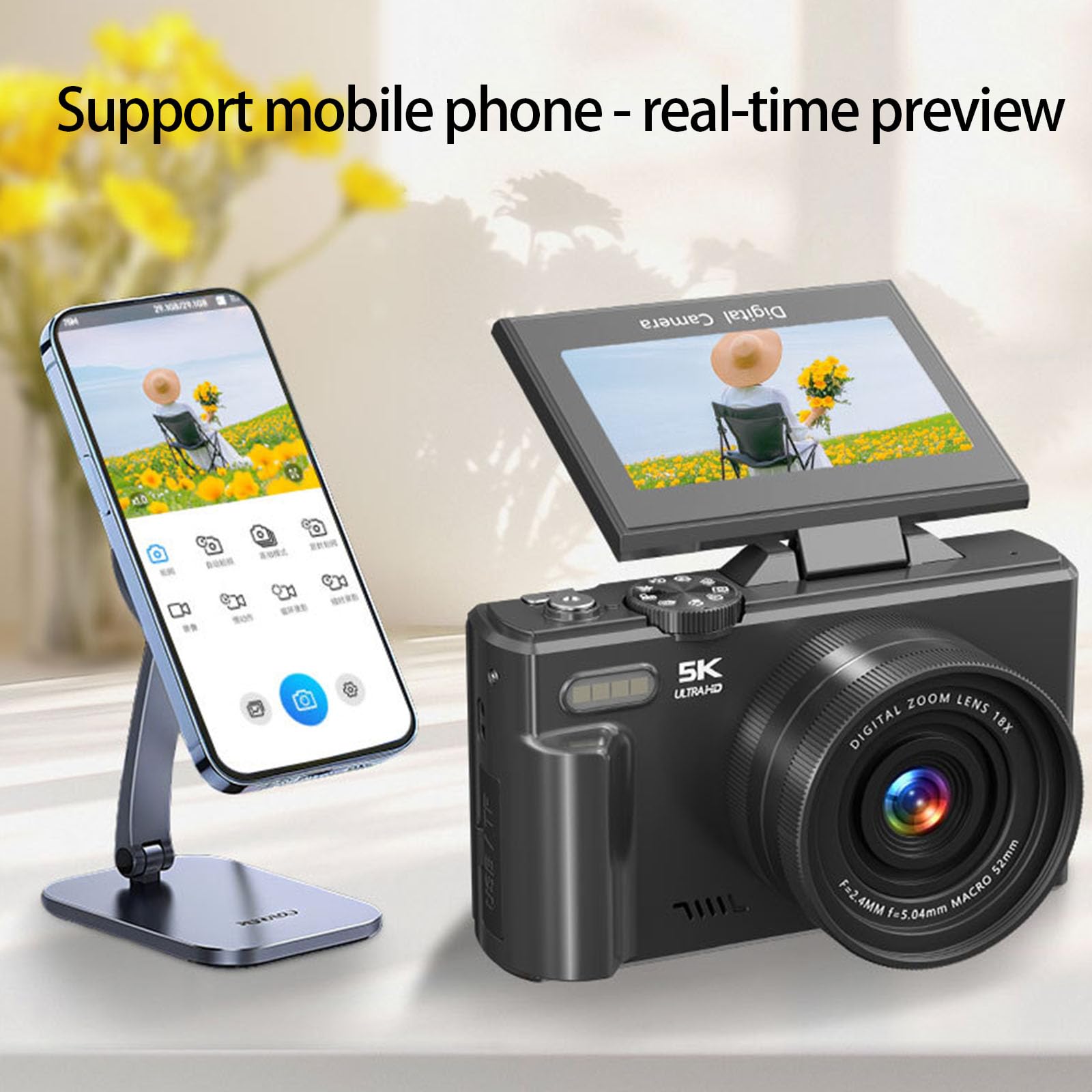 Fotocamera Vlog 5K 75MP Con Schermo da 3 pollici 180 ° Zoom 18X WiFi e messa a fuoco automatica Luce integrata per principianti Zoom WiFi Vlog Camera