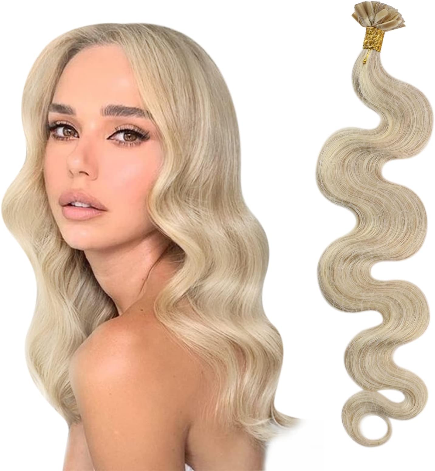 Moresoo Blonde U Tip Extensions Wavy 22 Inch U Tip Hair Extensions 100% Remy Human Hair #18 Ash Blonde Mixed with #613 Blonde Highlight Keratin Bond Extensions 50g 50s Fusion U Tip Hair Extensions