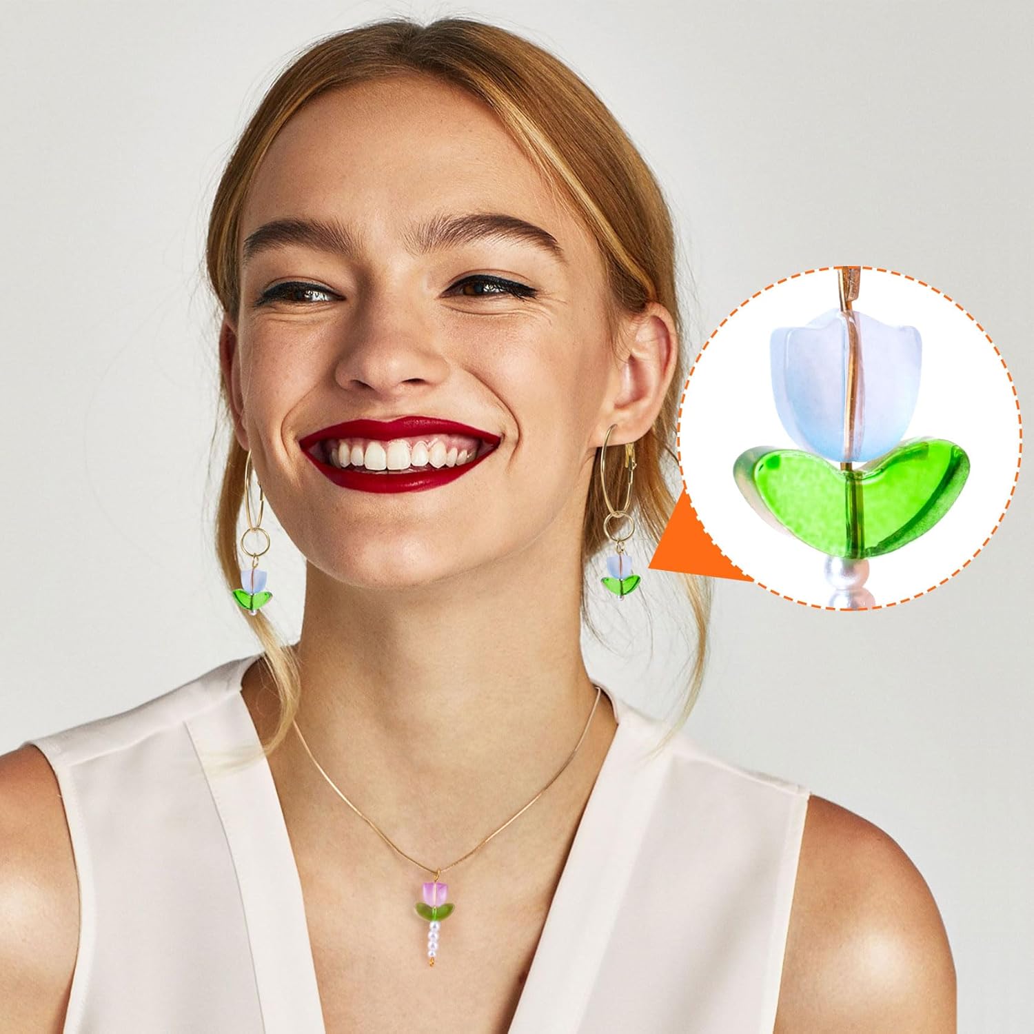 PAGOW 60 Pcs Tulip Flower Glass Beads, Glass Translucent Bracelet Beads, Colorful Handcrafted Crystal Loose Glass Beads for Spring Summer Valentines Wedding DIY Jewelry Making - Image 3