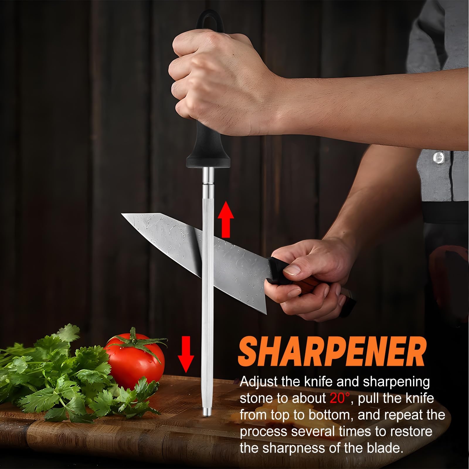 Mumjooyi Affilacoltelli Asta per Affilare i Coltelli Affilacoltelli Professionale 8inch Affilatore di Coltelli per Cucina Knife Sharpener Acciarino Affilacoltelli (A)