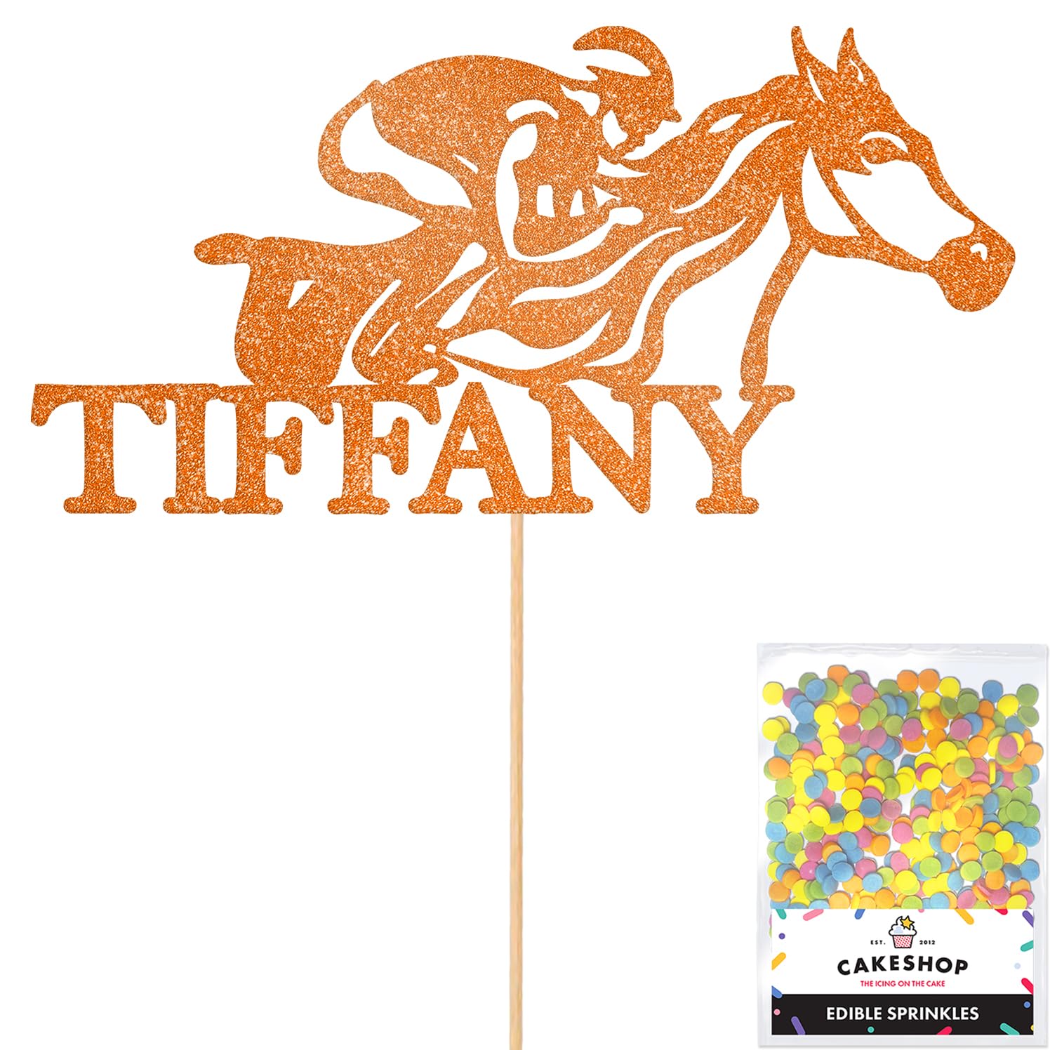 Personalised Horse Racing Jockey Glitter Cake Topper - Copper Orange Custom Age & Name Glitter Cake Decoration and Sprinkles - Happy Birthday Decorations - Personalised Toppers for Cakes by Cakeshop