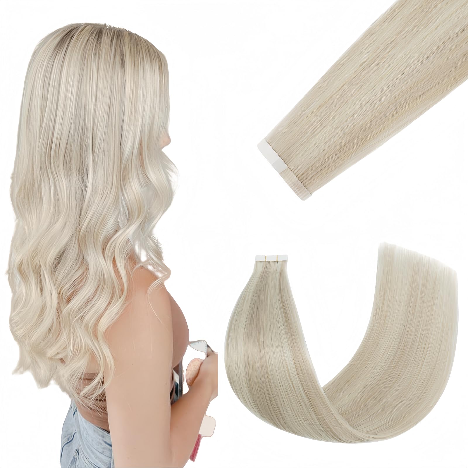 FUOTONBUTY Tape in Hair Extensions Human Hair Double Stitched Invisible Seamless Tape ins 20pcs 50g (Balayage Wheat Blonde to Bleach Blond