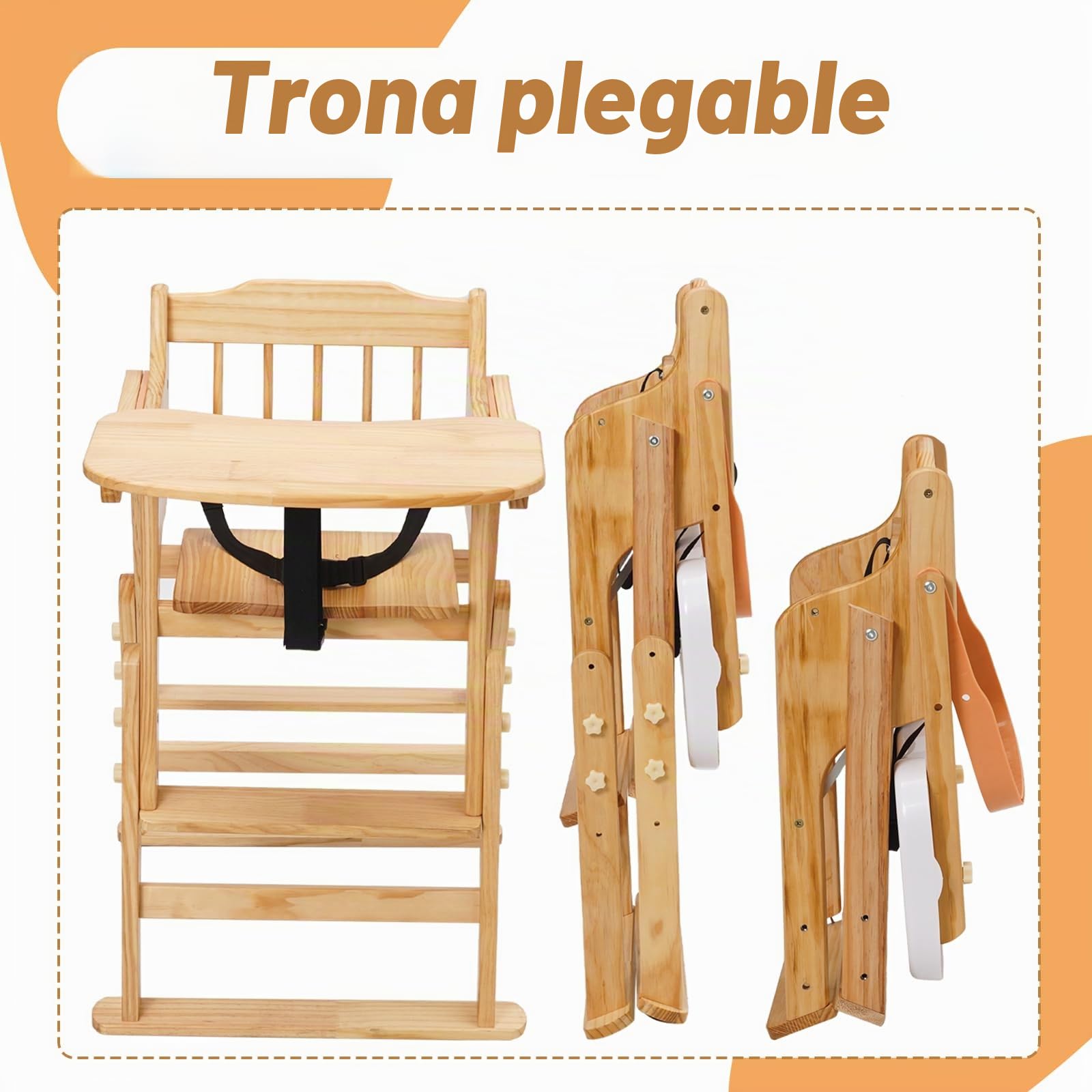 Trona bebé de Madera 4 en 1, Silla de Bebé para Comer con Altura Ajustable, Bandeja Desmontable, Asiento con Cinturón 3 Puntos, De 6 meses a 10 años, Madera natural