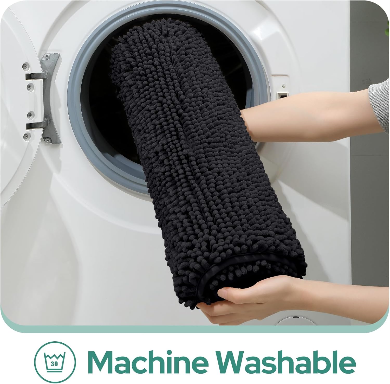 HOMEIDEAS 2 Pieces Bathroom Rugs, Non Slip Absorbent Chenille Toilet Bath Mat Set (Black)