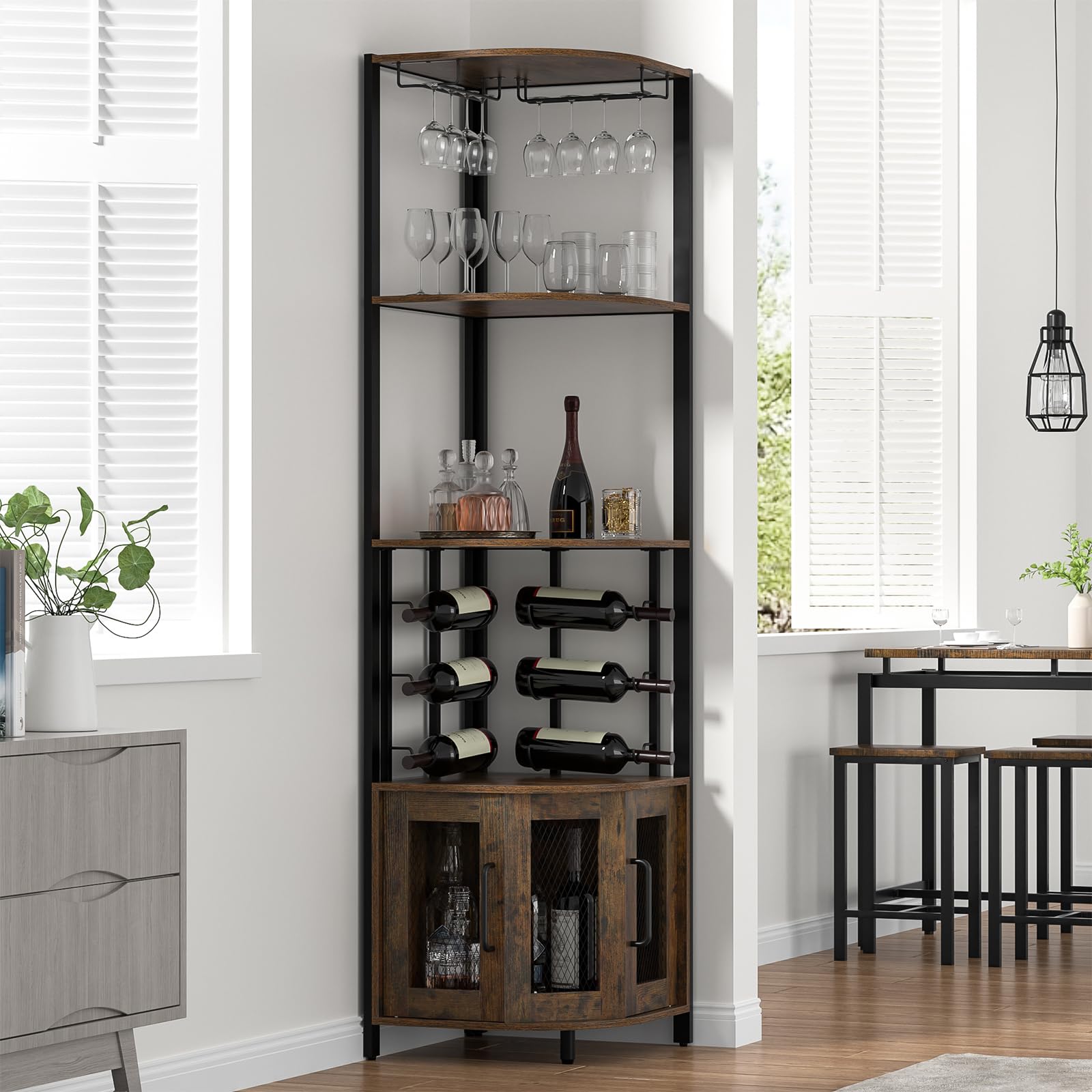 Mobile Bar Angolo con Portabicchieri, Armadio per Liquori e Vino a 4 Livelli con Porte in Rete Metallica, Armadio Buffet Portabottiglie con Kit Antiribaltamento per Bar a Casa, Conservazione