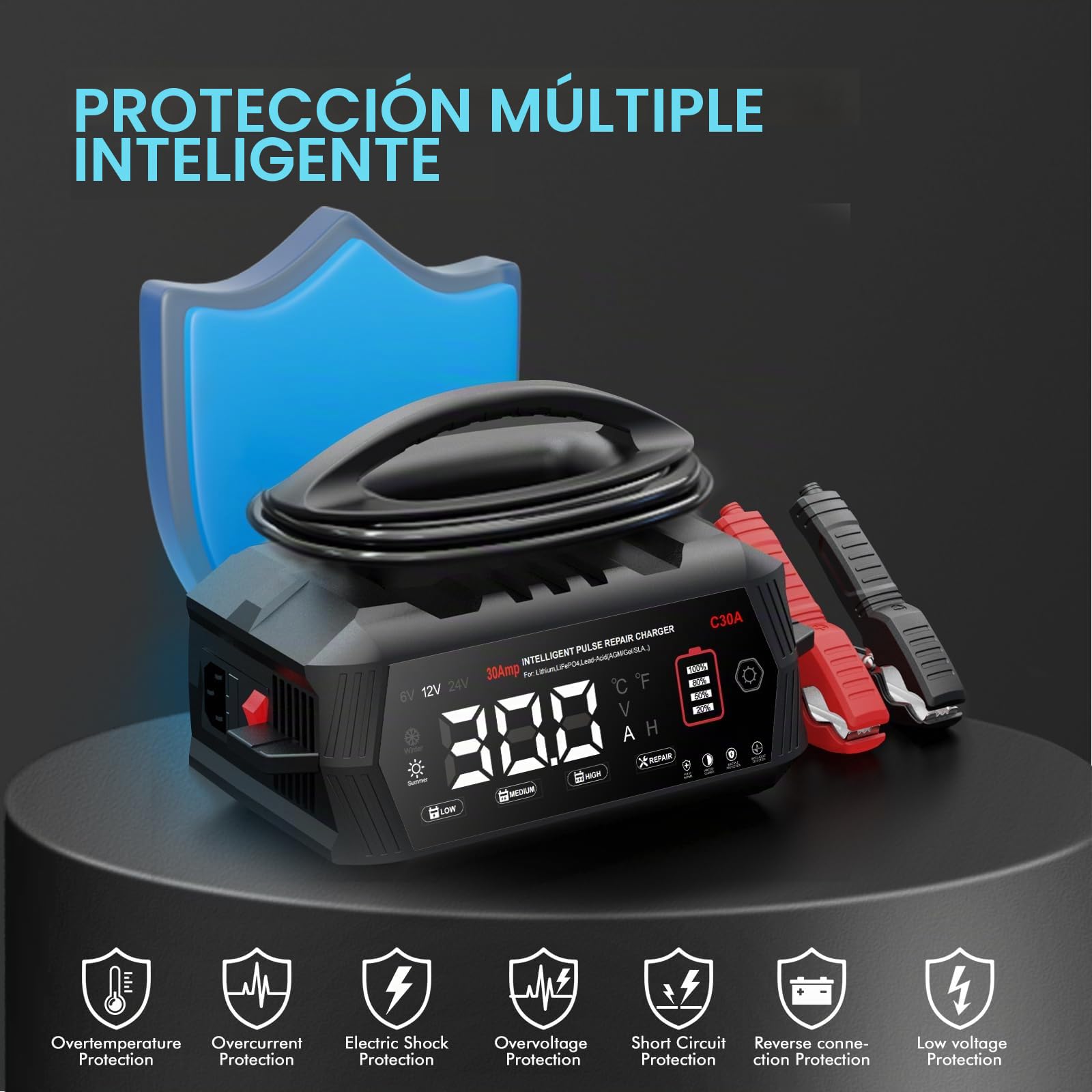 Cargador de batería de coche de 30 A, Haisito 6 V/12 V/24 V, cargador y soporte para AGM, Gel, SLA, EFB y LiFePO4, cargador automático de 9 etapas con pantalla LCD para coche, moto