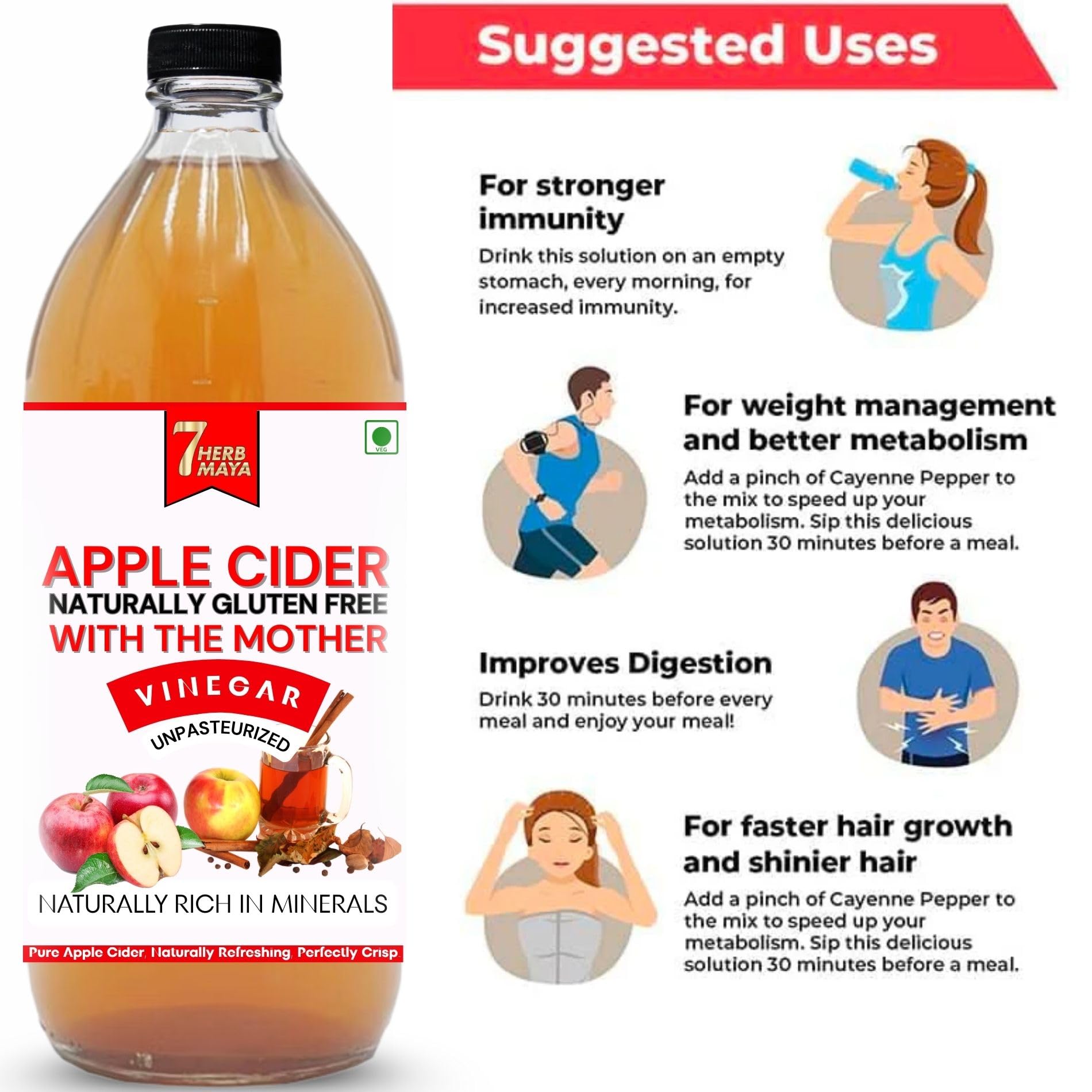 7HerbMaya Organic Apple Cider Vinegar with Mother | Raw & Naturally Fermented Apple Vinegar from Himalayan Apples | Unfiltered Hydration Support Drink (1.5 Litre) 3