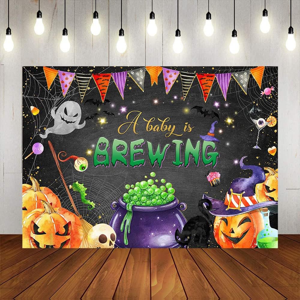 Avezano Halloween A Baby is Brewing Backdrop Drink Up Witches I Smell a Child Baby Shower Costume Birthday Party Background Spider Pumpkin Spooky Baby Shower Backdrops Cake Table Decorations