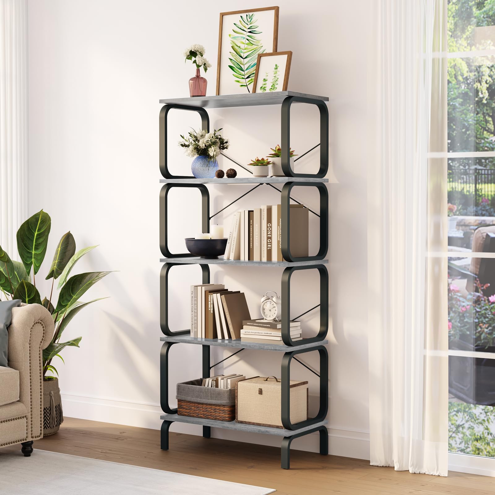 Zbet 5-Tier Industrial Vintage Bookshelf, 5-Shelf Bookcase, Tall