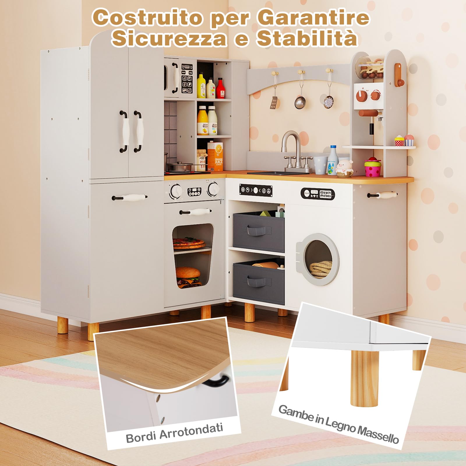 COSTWAY Cucina Giocattolo per Bambini, Cucina da Gioco ad Angolo con Fornelli, Frigorifero, Macchina da Caffè, Microonde, Lavatrice e Accessori, con Suoni e Luci per Bambini 3+ Anni (Bianco)