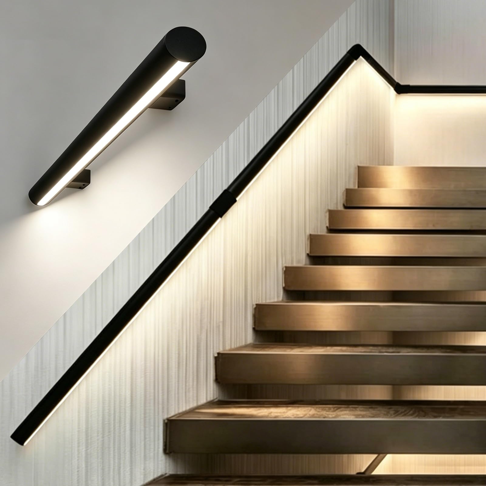 Motion Activated Illuminated Stair Handrail for Loft Porch, Heavy Duty LED Lighting Staircase Rails, Safe Night Walking Aluminum Support Bar(Left Natural Light,2.3ft/0.7m)