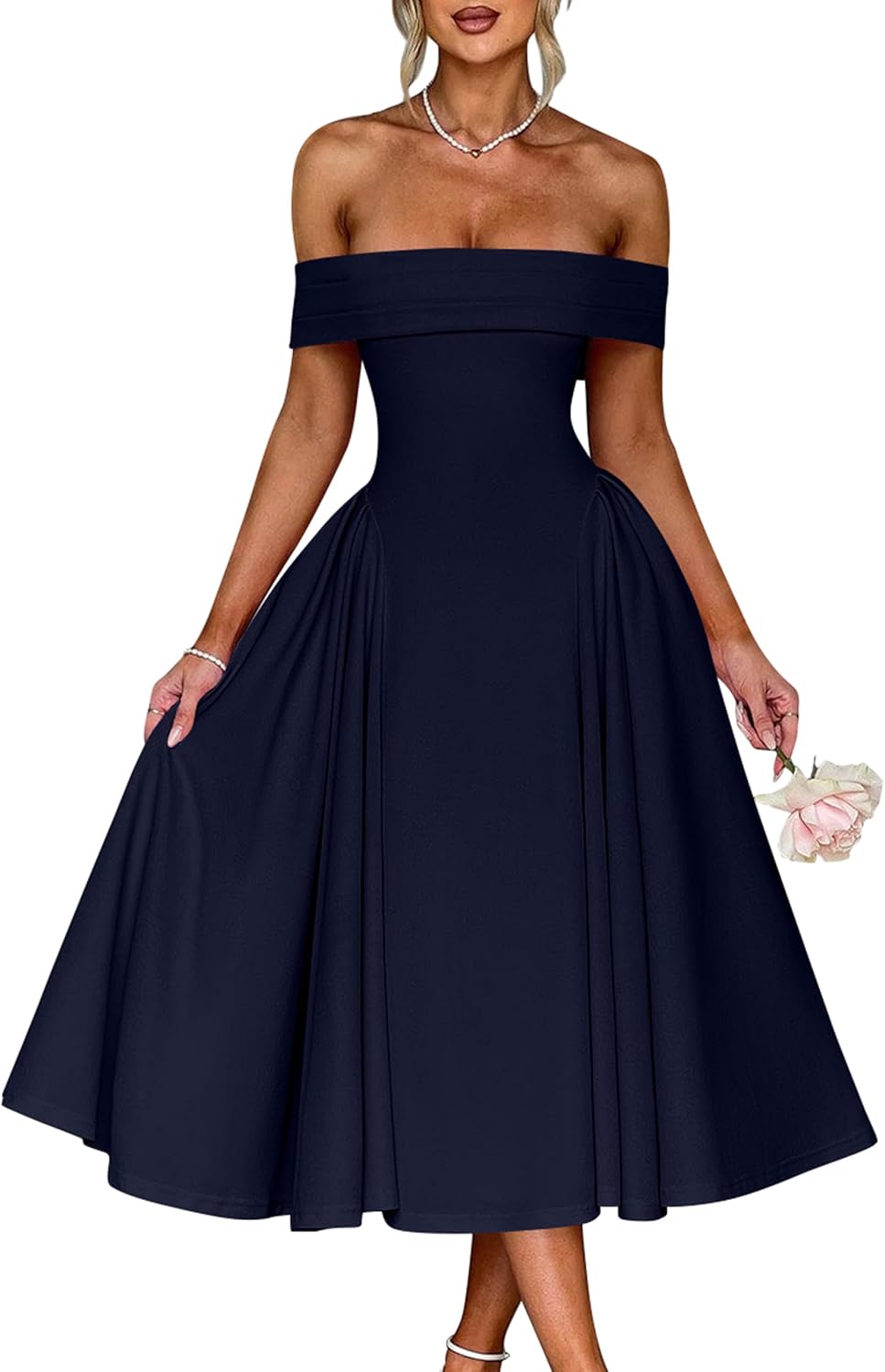 YMDUCH Women's Elegant Off Shoulder Short Sleeve A line Flowy Swing Cocktail Party Long Dress