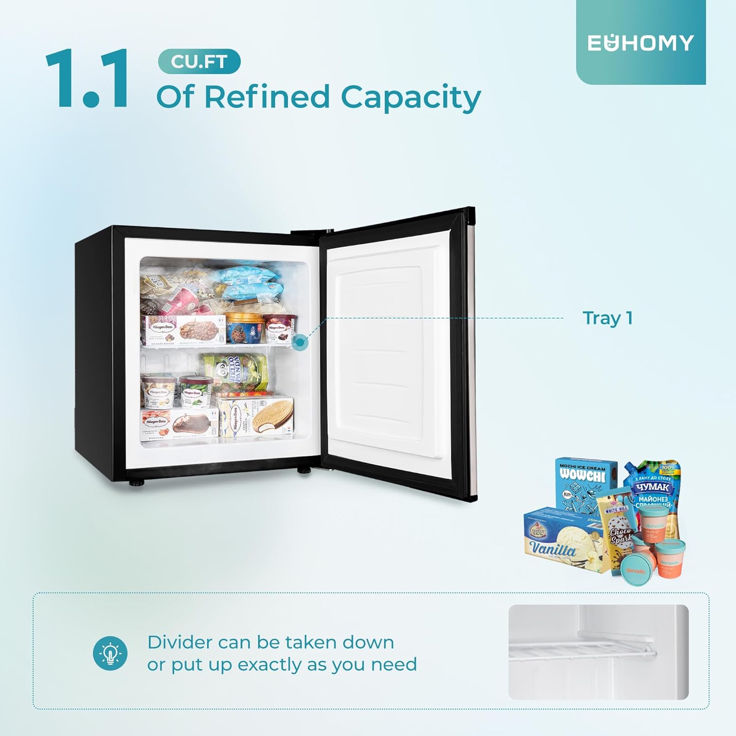 1.1 Cu.Ft. Refined Capacity with removable tray