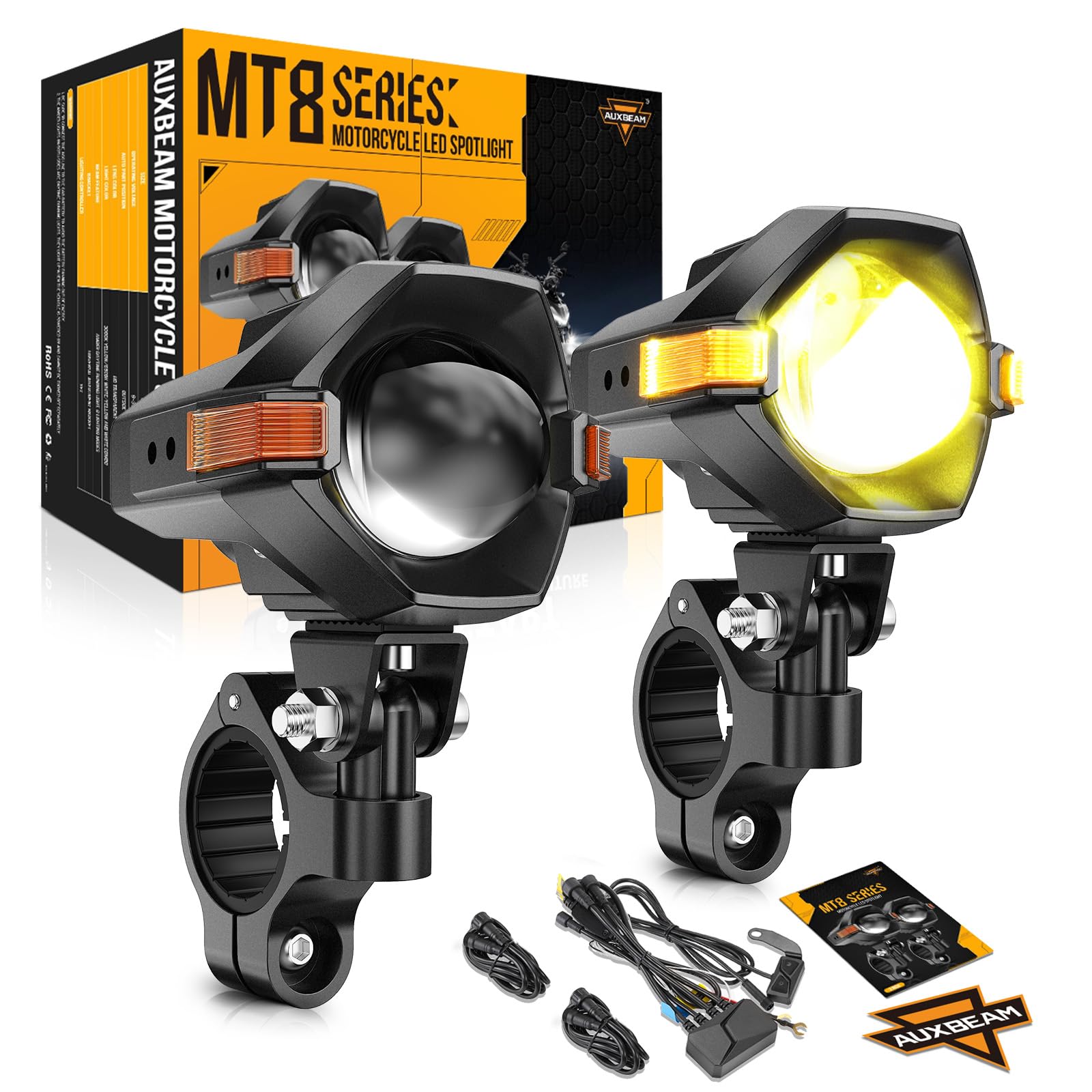 Auxbeam Luces Antiniebla LED para Motocicleta Luces Auxiliares Luz de Conducción Reflectores 8 Modos Blanco/Ámbar Color Dual Estroboscópico Switchback 3 Pulgadas 60W Luz de Trabajo LED Todoterreno