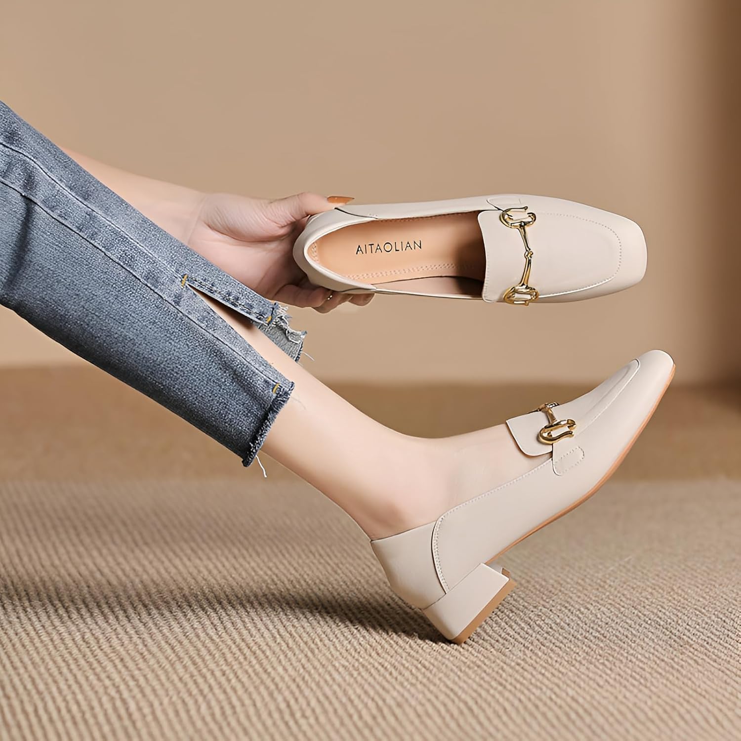 [KENPOGEN] ビットローファー スクエアトゥシューズ 3.5cmヒール 大きいサイズ 小さいサイズ 歩きやすい クッション性