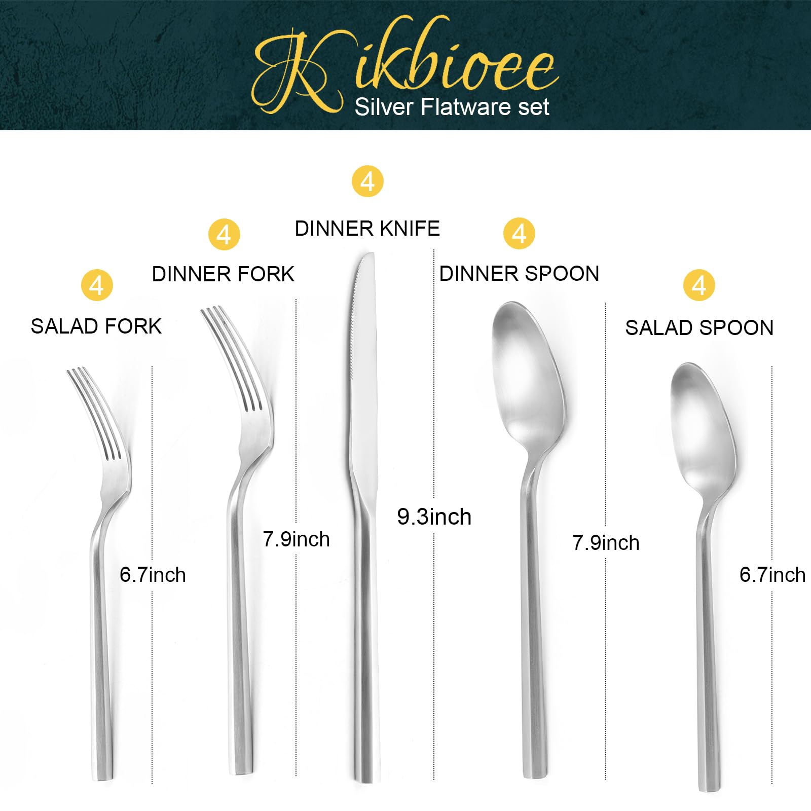 Kikbioee 20 Piece Stainless Steel Silverware Set, Handle Flatware, Modern Matte Finish Cutlery Set, Service for 4, Dishwasher Safe