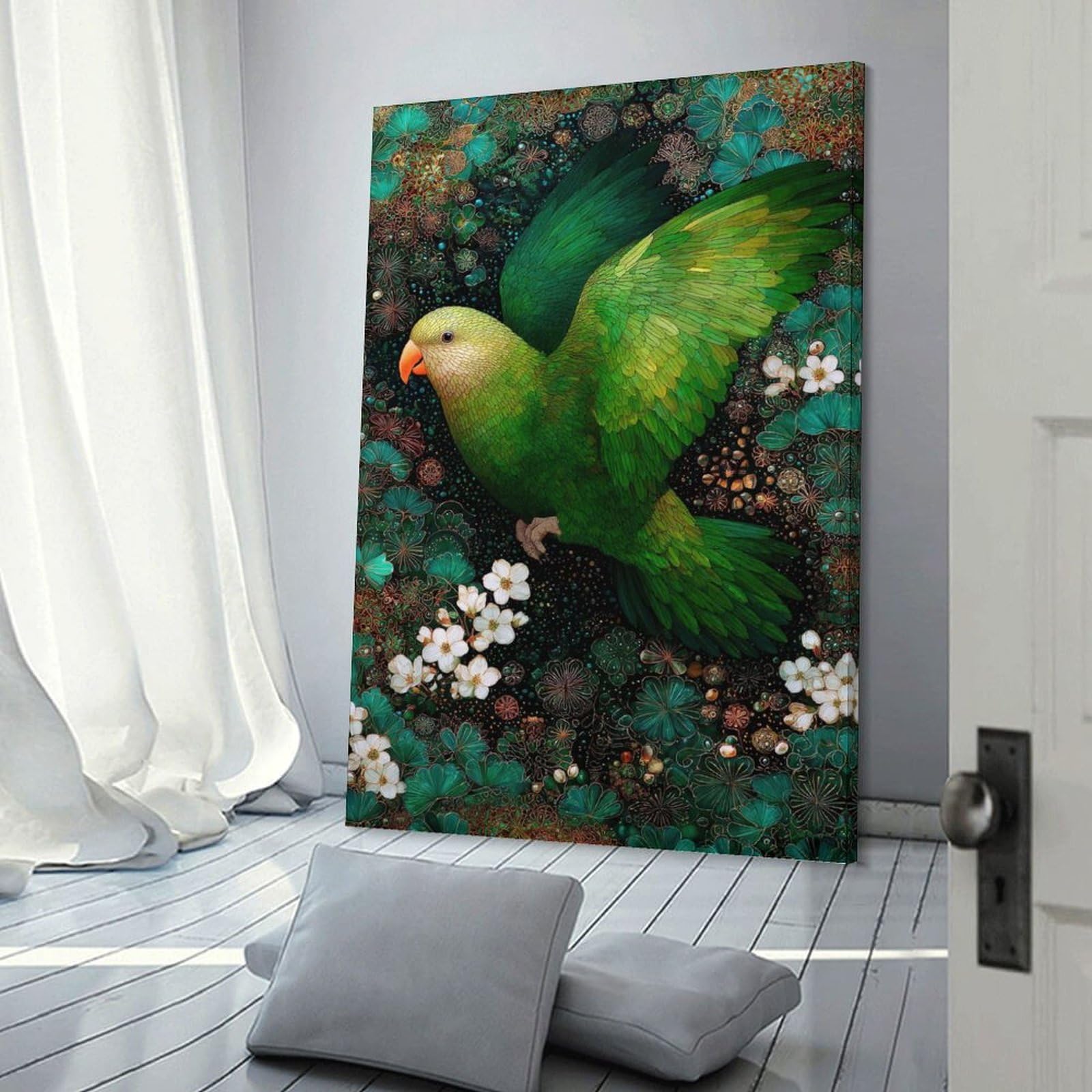 Junmoney Green Parrot in Floral Paradise Canvas Wall Decor 24x36inch(60x90cm), for Workspace Walls, Study Corners Or Bedrooms, Decorative Artwork for Productive Spaces