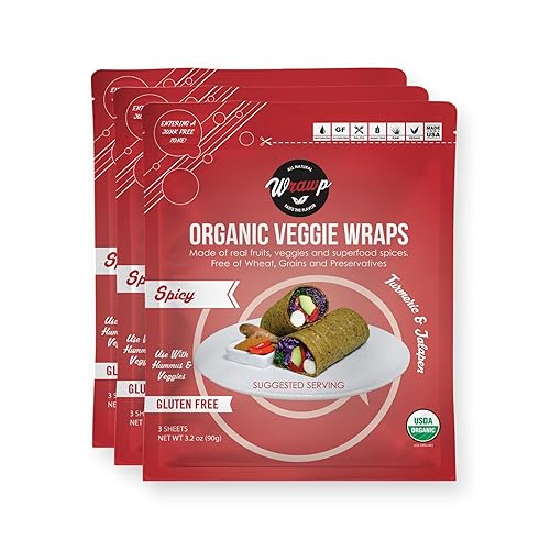 WrawP Mini envolturas orgánicas para verduras  PICANTE (paquete de 3) ESTABLES EN ESTANTE, todo natural, sin gluten, paleo, vegano crudo. Perfecto