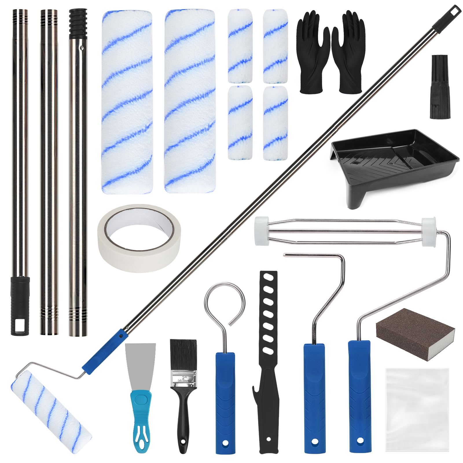 19Pcs Paint Roller Set with 9” & 4” Rollers, Stainless Steel Extension Poles, Paint Tray, Microfiber Covers, Paint Rollers and Trays Sets for Walls, Ceilings, Doors and Trim (Blue)