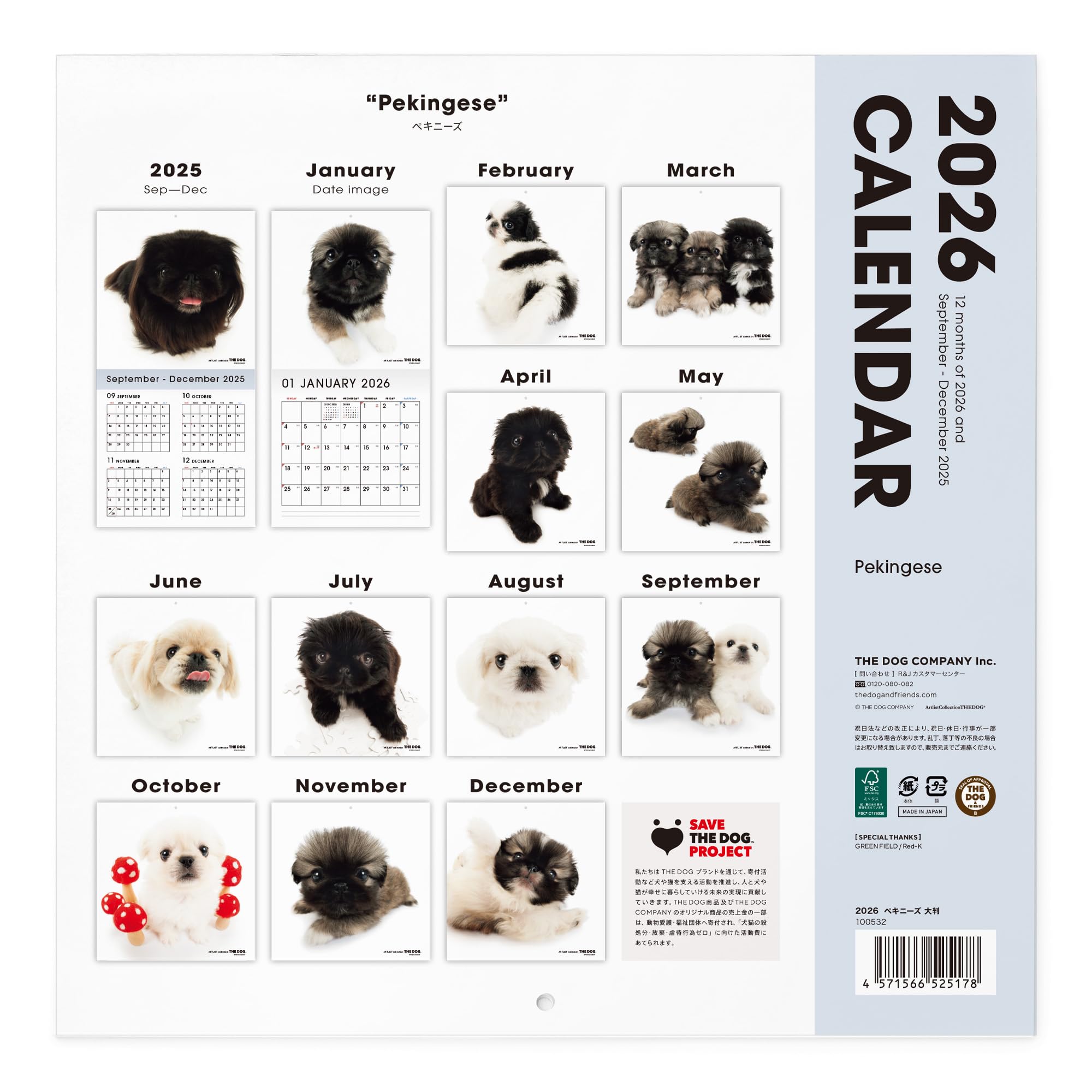 Amazon | THE DOG カレンダー 2026 壁掛け 大判サイズ [ペキニーズ