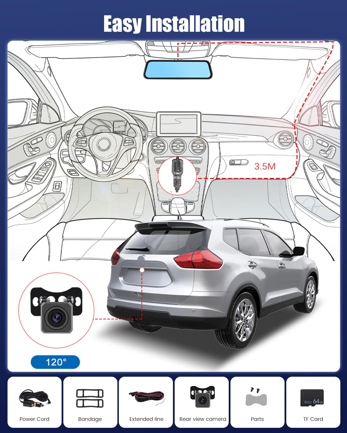 Dashcam Voiture Rétroviseur avec Caméra de Recul, Dashcam avec 9,7" écran Tactile IPS Double Caméra de Tableau de Bord Miroir, Enregistrement en Boucle, Rétroviseur avec Streaming et Carte de 64 Go