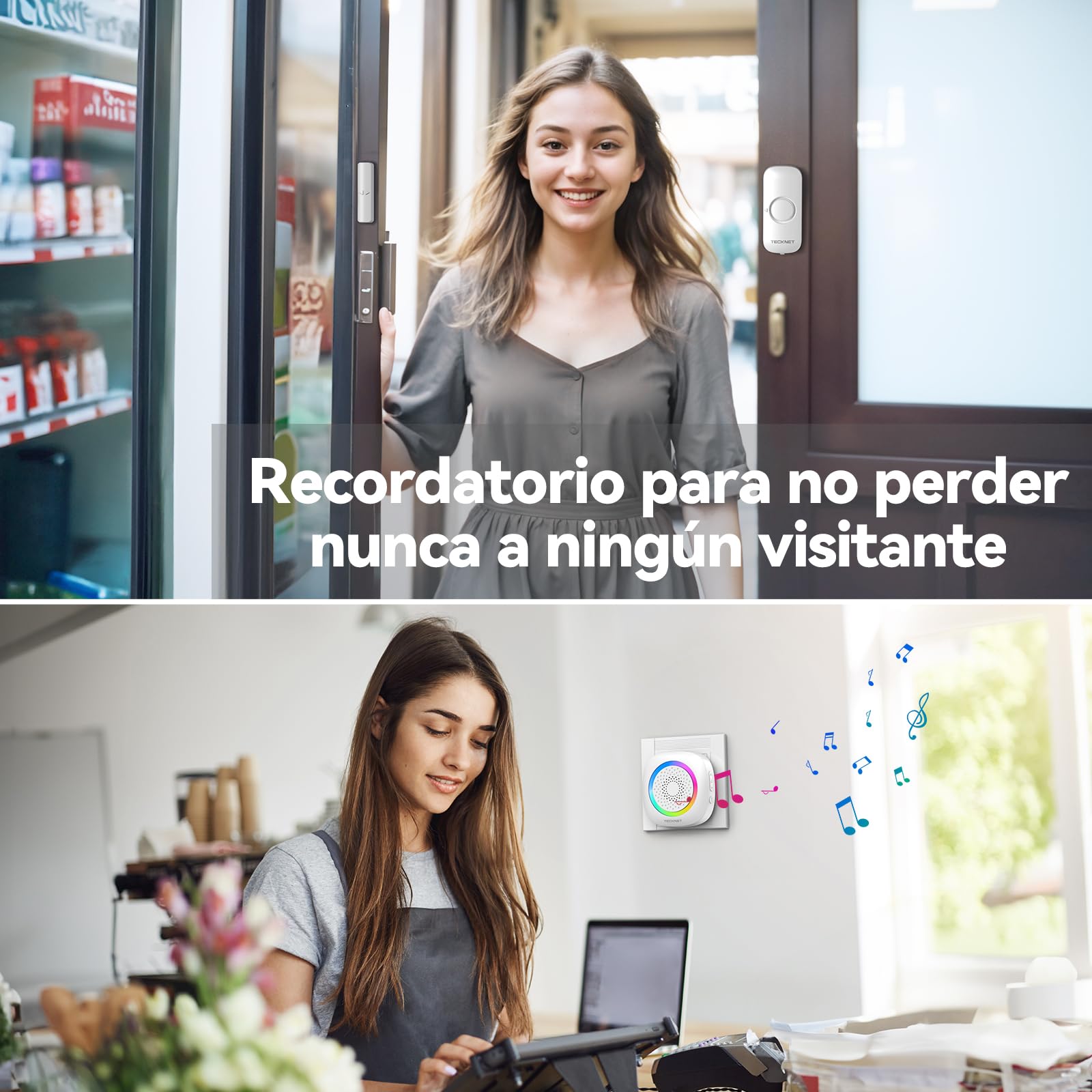 TECKNET Alarma Casa con Timbre Y Sensor Apertura Puerta Magnético, 2*Sensor | Alcance de 300m, 61 Melodías, Indicador RGB, Sistema de Seguridad para Hogar, Tienda u Oficina