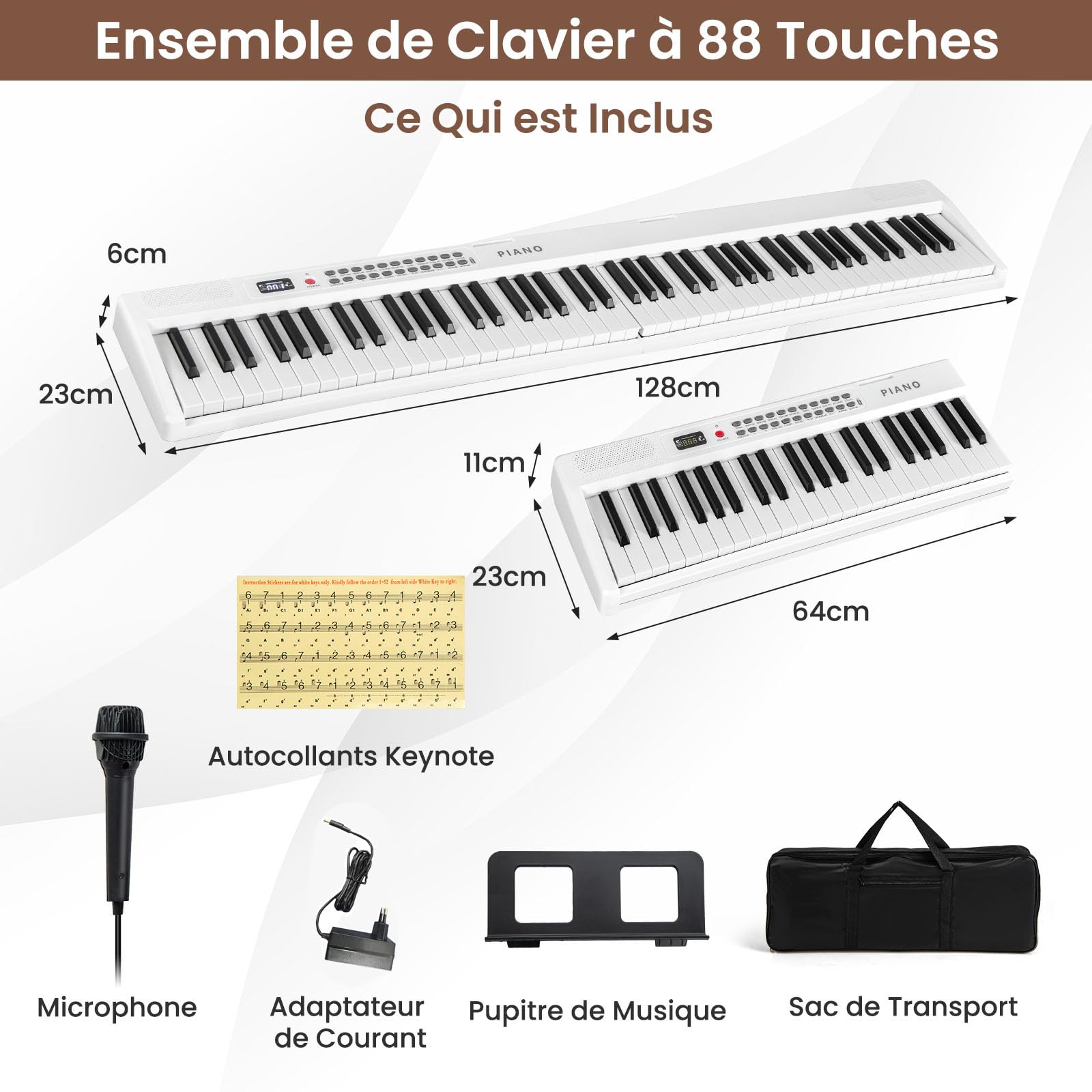 GOPLUS Clavier de Piano Électronique à 88 Touches, Piano Numérique Pliable Portable avec Sac de Rangement, Support de Partition, Microphone et Touches Semi-Pesées pour Enfants et Adultes (Blanc)