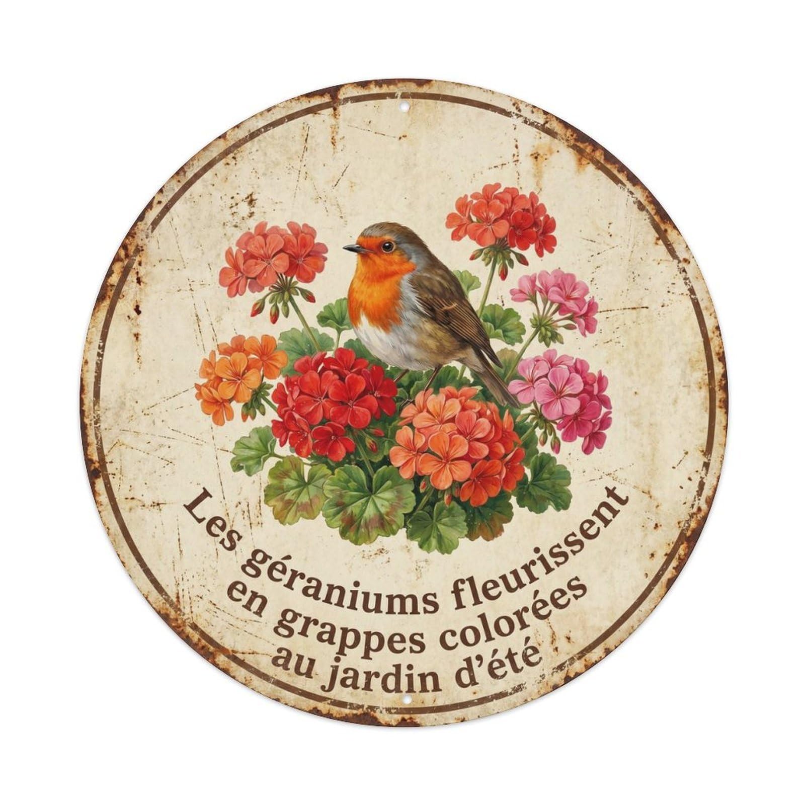 Robin Bird Garden Quote Geranium CircleMetal Tin Sign
