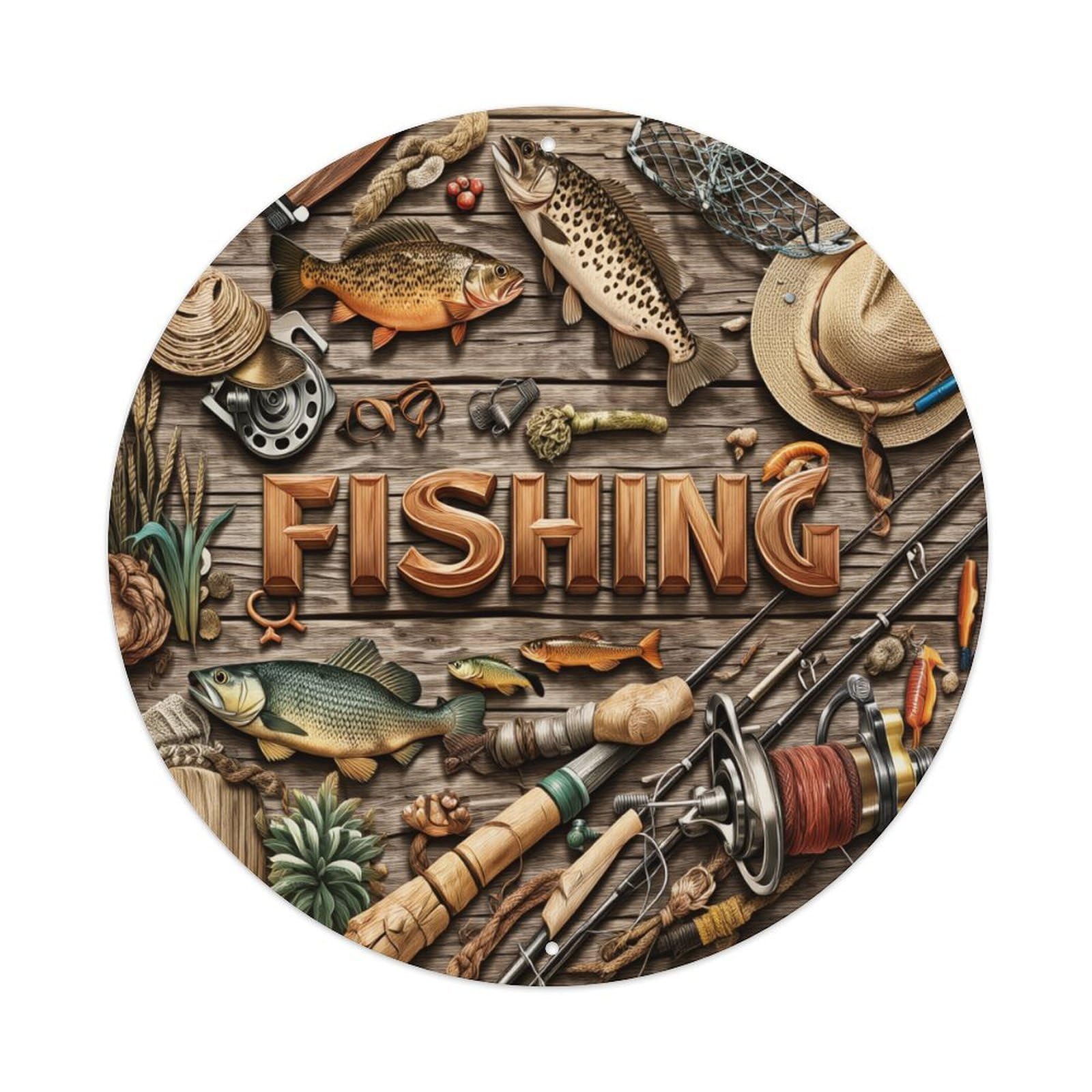 Fishing Gear And Fish Display Round Tin Sign Vintage Metal Poster, Home Bar Garage Man Cave Cafe Indoor & Outdoor Wall Decoration 8x8Inches