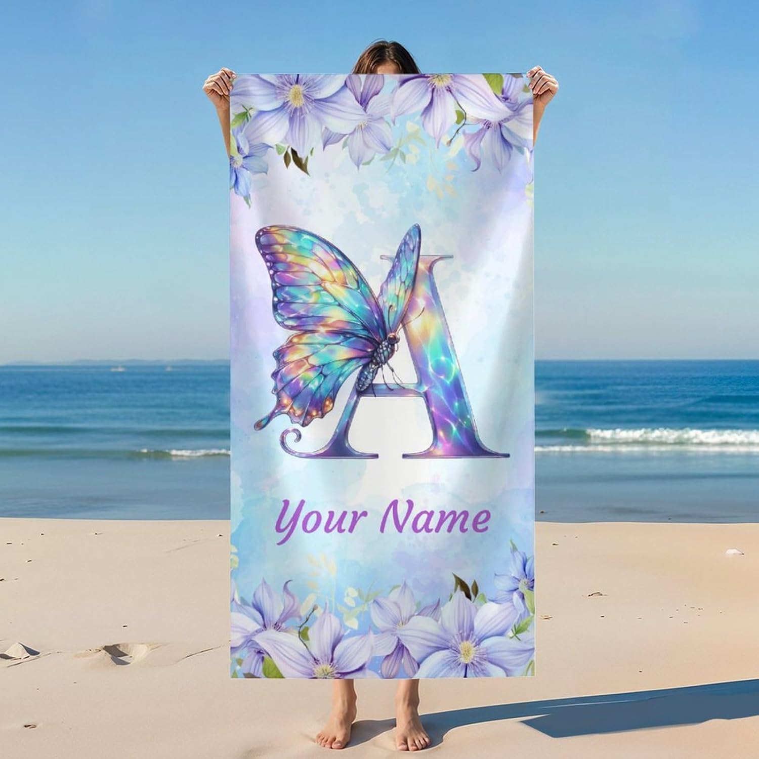 Personalized Butterfly Beach Towel, Custom Initial Towel, Monogram Bath Towels, Gift for Kids Adults, 40x70 Inch Softness Sand Free Microfiber Towels for Beach Pool Swim Gym