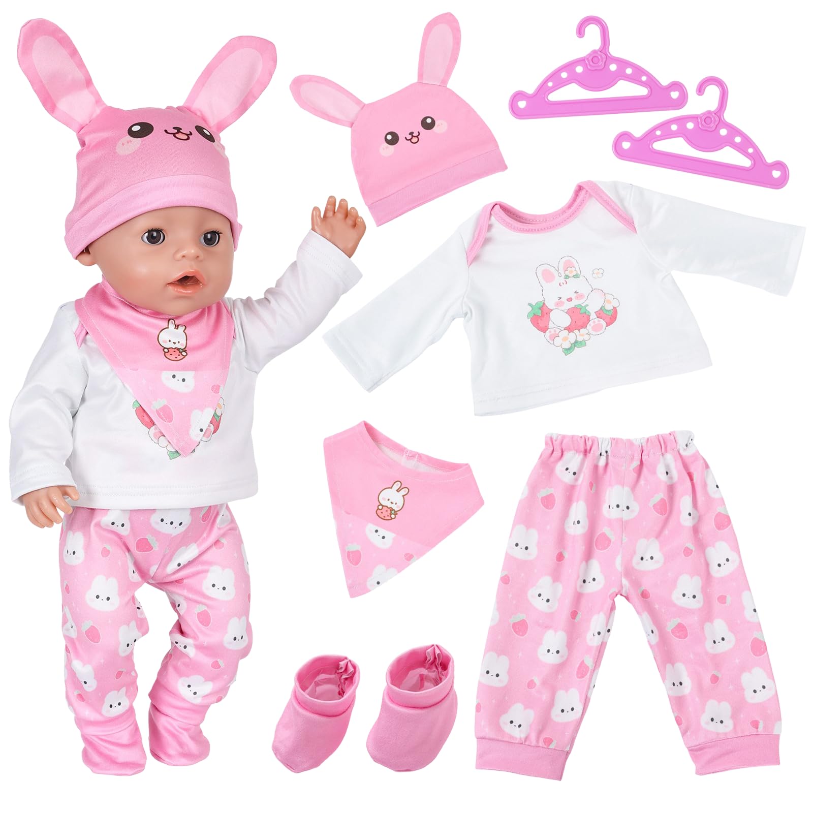 5 Pcs Baby Dolls Clothes for 12-17 Inch Doll, Cute Cartoon Doll Clothes with Jacket + Top + Pants + Socks + Rabbit Ear Hat, Sweet Bunny Doll Outfit For 30-43cm Dolls, Pretend Play Gifts (Rabbit 3)